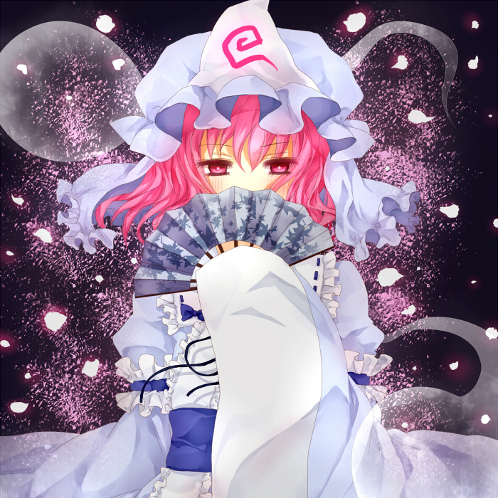 hinase haruka, saigyouji yuyuko, touhou, bad id, bad pixiv id, 1girl, female focus, folding fan, ghost, hand fan, hat, pink eyes, pink hair, short hair, solo