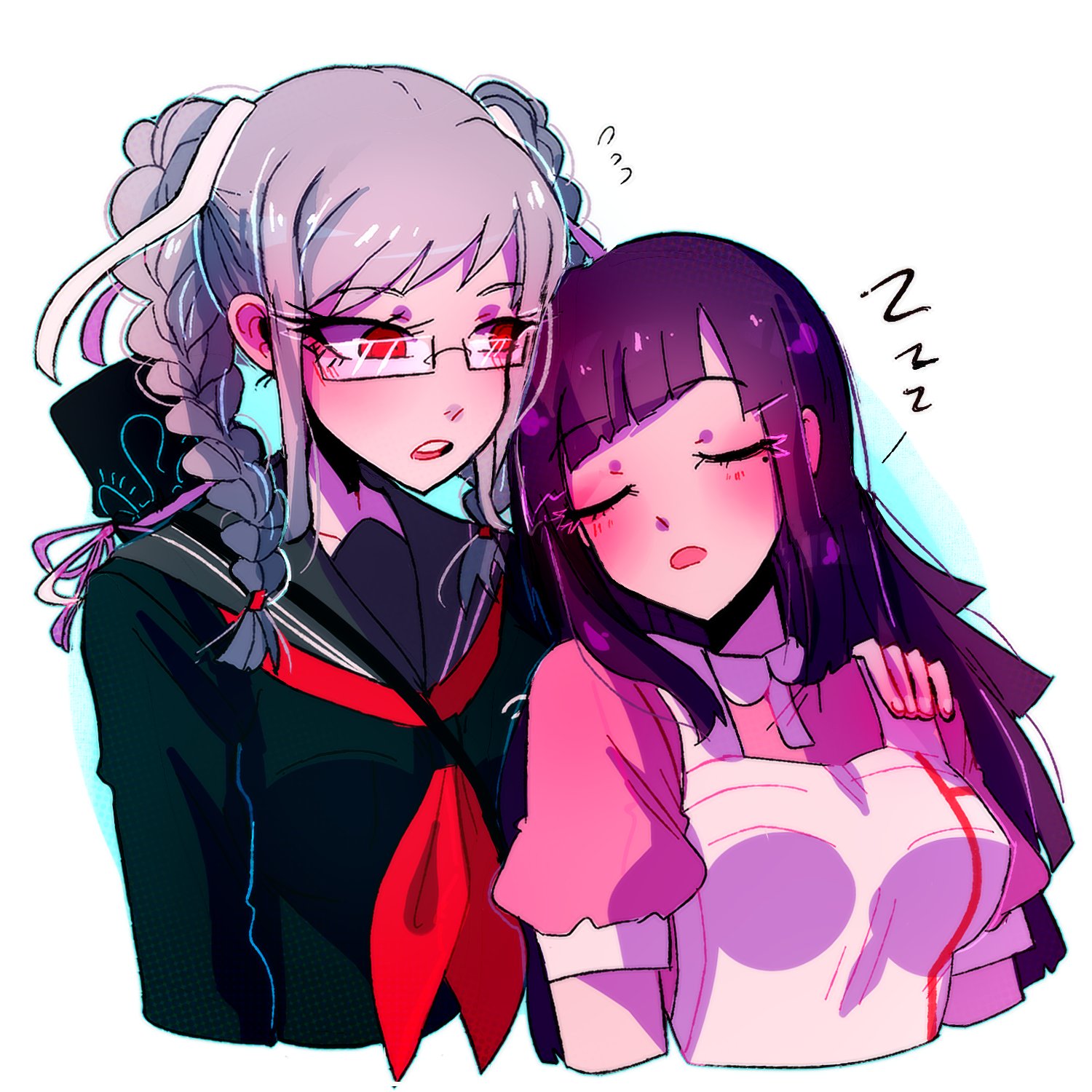 huyandere, pekoyama peko, tsumiki mikan, danganronpa (series), danganronpa 2: goodbye despair, commentary, highres, 2girls, apron, black shirt, blunt bangs, blush, braid, breasts, closed eyes, cropped torso, eyelashes, fingernails, flying sweatdrops, glasses, grey hair, grey sailor collar, hair ribbon, hand on another's shoulder, long hair, mole, mole under eye, multiple girls, neckerchief, open mouth, pink shirt, purple hair, rectangular eyewear, red eyes, red neckerchief, ribbon, sailor collar, semi-rimless eyewear, shirt, short sleeves, sleeping, teeth, twin braids, twintails, upper teeth only, white apron, white ribbon, zzz