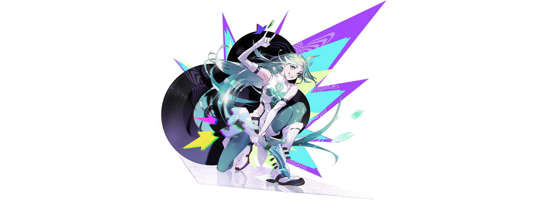 sd2190392804, lucky cyan (to be hero x), to be hero, to be hero x, commentary, english commentary, highres, official art, 1girl, n/, ahoge, boots, chromatic aberration, clover print, elbow gloves, gloves, green eyes, green hair, green pants, grin, guitar, holding, holding guitar, holding instrument, instrument, knee up, long hair, looking at viewer, midriff, pants, pelvic curtain, shirt, side slit, sleeveless, sleeveless shirt, smile, squatting, transparent background, turtleneck, very long hair, white boots, white gloves