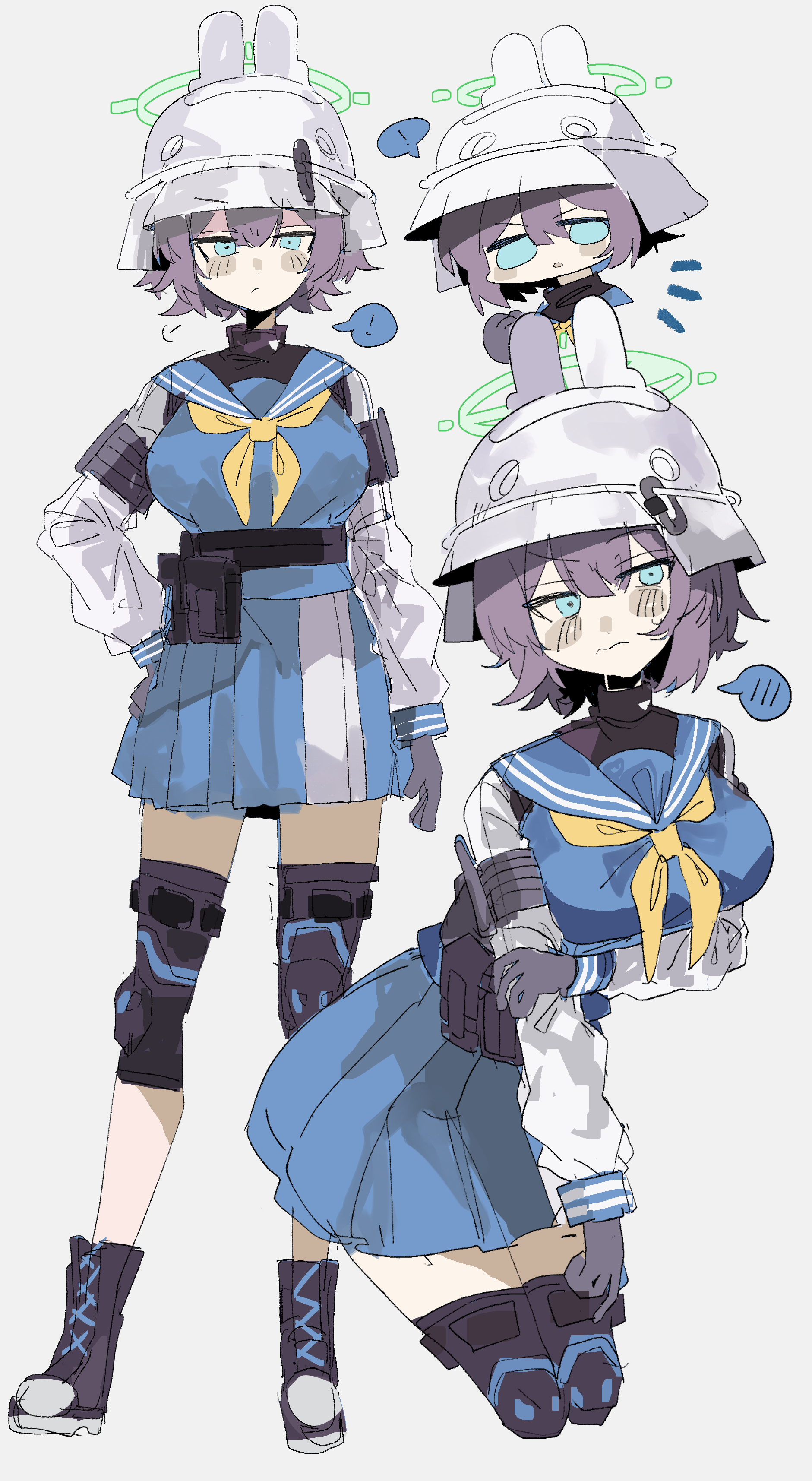 odmised, saki (blue archive), blue archive, absurdres, commentary request, highres, korean commentary, !, 1girl, animal ear headwear, animal ears, bag, belt, belt pouch, black bag, black belt, black boots, black gloves, black shirt, blue eyes, blue sailor collar, blue serafuku, blue shirt, blue skirt, blush, bob cut, boots, breasts, chibi, closed mouth, combat helmet, elbow pads, fake animal ears, full body, gloves, green halo, gun, hair between eyes, halo, hand on own arm, hat, helmet, holding, holding unworn clothes, holding unworn hat, knee pads, large breasts, leaning forward, long sleeves, looking at viewer, multiple views, neckerchief, pleated skirt, pouch, pout, purple hair, raglan sleeves, sailor collar, school uniform, serafuku, shirt, short hair, shoulder bag, simple background, skirt, sleeve cuffs, speech bubble, spoken exclamation mark, standing, tactical clothes, tactical school uniform, turtleneck, undershirt, unworn hat, unworn headwear, v-shaped eyebrows, weapon, white helmet, yellow neckerchief