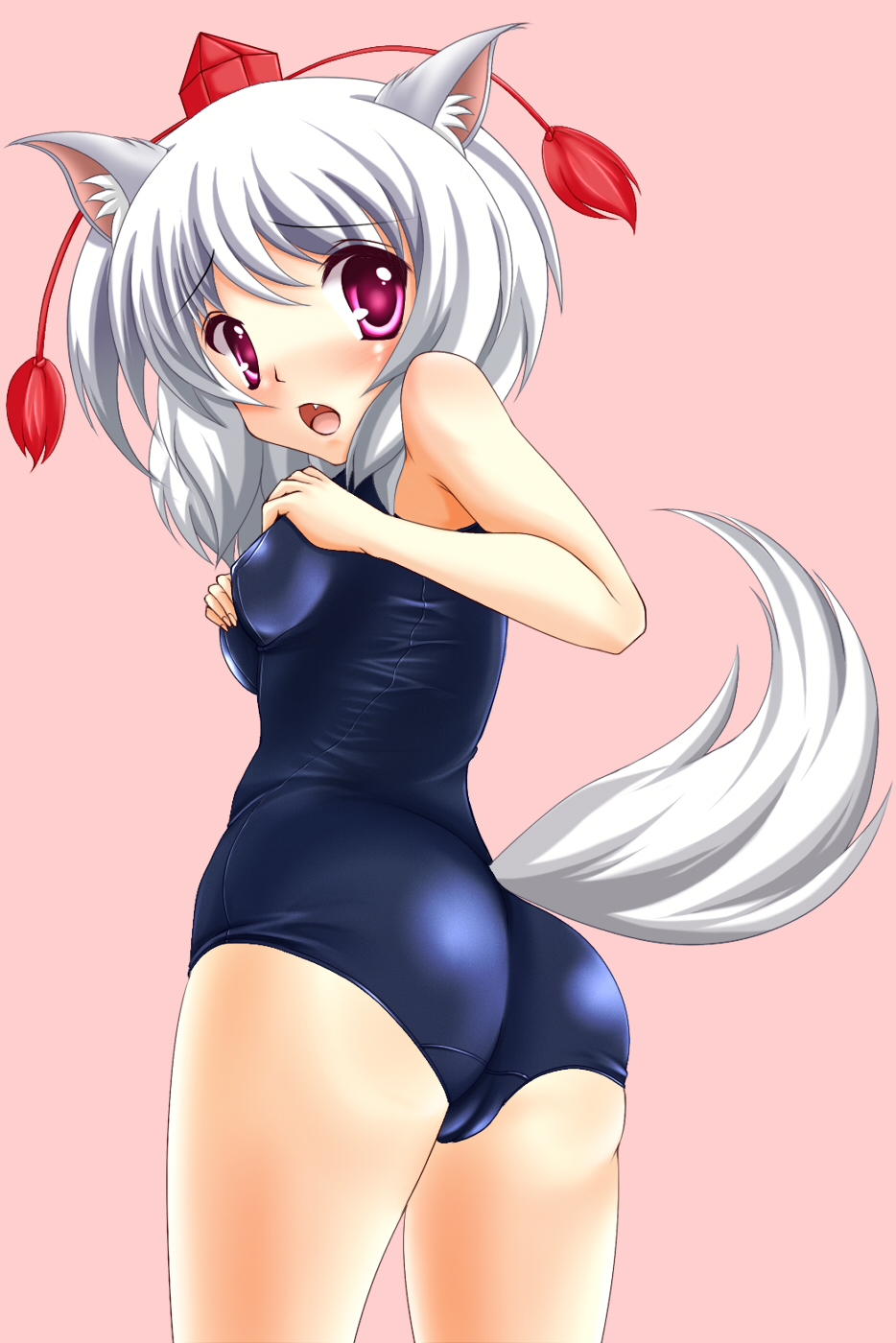 tera hiroshi, inubashiri momiji, touhou, silver hair, bad id, bad pixiv id, highres, 1girl, animal ears, female focus, hat, one-piece swimsuit, red eyes, school swimsuit, short hair, solo, swimsuit, tail, tokin hat, wolf ears, wolf tail