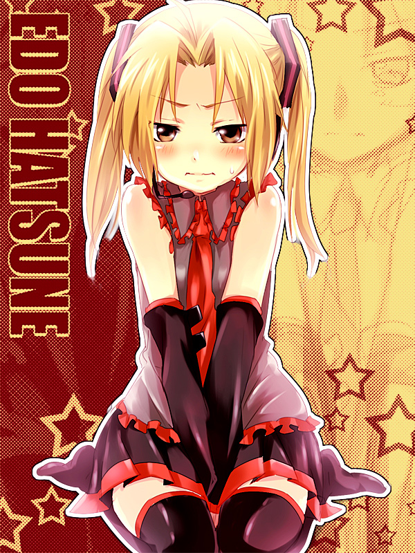 maruki (punchiki), edward elric, hatsune miku, fullmetal alchemist, vocaloid, bad id, bad pixiv id, 1boy, blonde hair, blush, brown eyes, cosplay, crossdressing, crossdressing (mtf), hatsune miku (cosplay), long hair, male focus, solo, thighhighs, trap, twintails, zoom layer