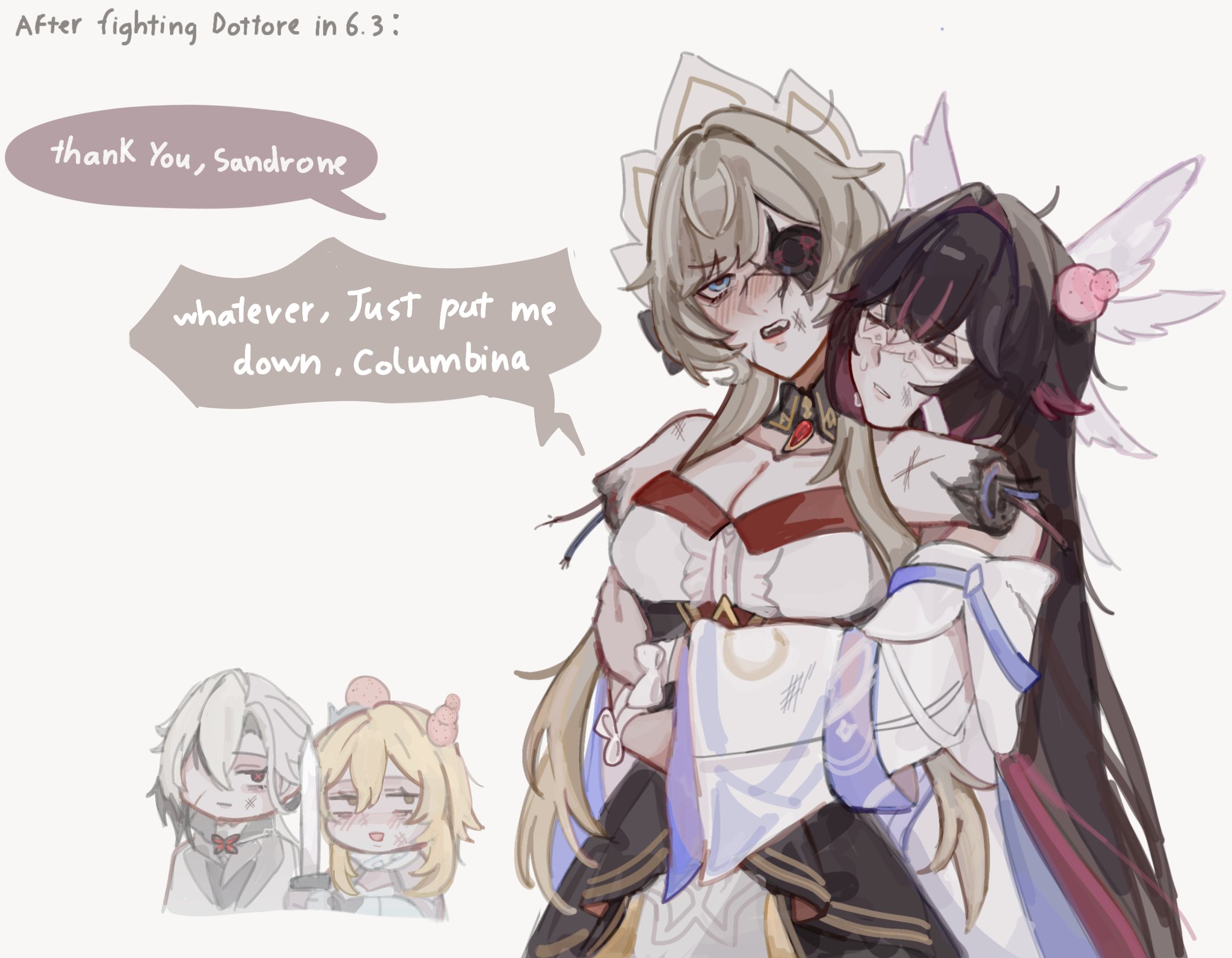 arlecchino (genshin impact), columbina (genshin impact), lumine (genshin impact), sandrone (genshin impact), genshin impact, commentary, hashtag-only commentary, highres, 4girls, amputee, android, armless amputee, bare shoulders, black collar, black eyes, black hair, black skirt, black streaks, blonde hair, blush, breasts, cable, chibi, cleavage, closed eyes, closed mouth, collar, collarbone, cowboy shot, cross-shaped pupils, detached collar, detached sleeves, dress, english text, eni (enidaisy69), eye mask, eyelashes, grey jacket, hair between eyes, hair over one eye, head bump, hug, hug from behind, jacket, large breasts, long hair, looking at another, looking to the side, mask, multiple girls, nose, open mouth, purple hair, red pupils, simple background, skirt, speech bubble, symbol-shaped pupils, tearing up, teeth, upper body, upper teeth only, very long hair, white dress, white hair, white headdress, white mask, white sleeves, winged hair ornament, yellow eyes