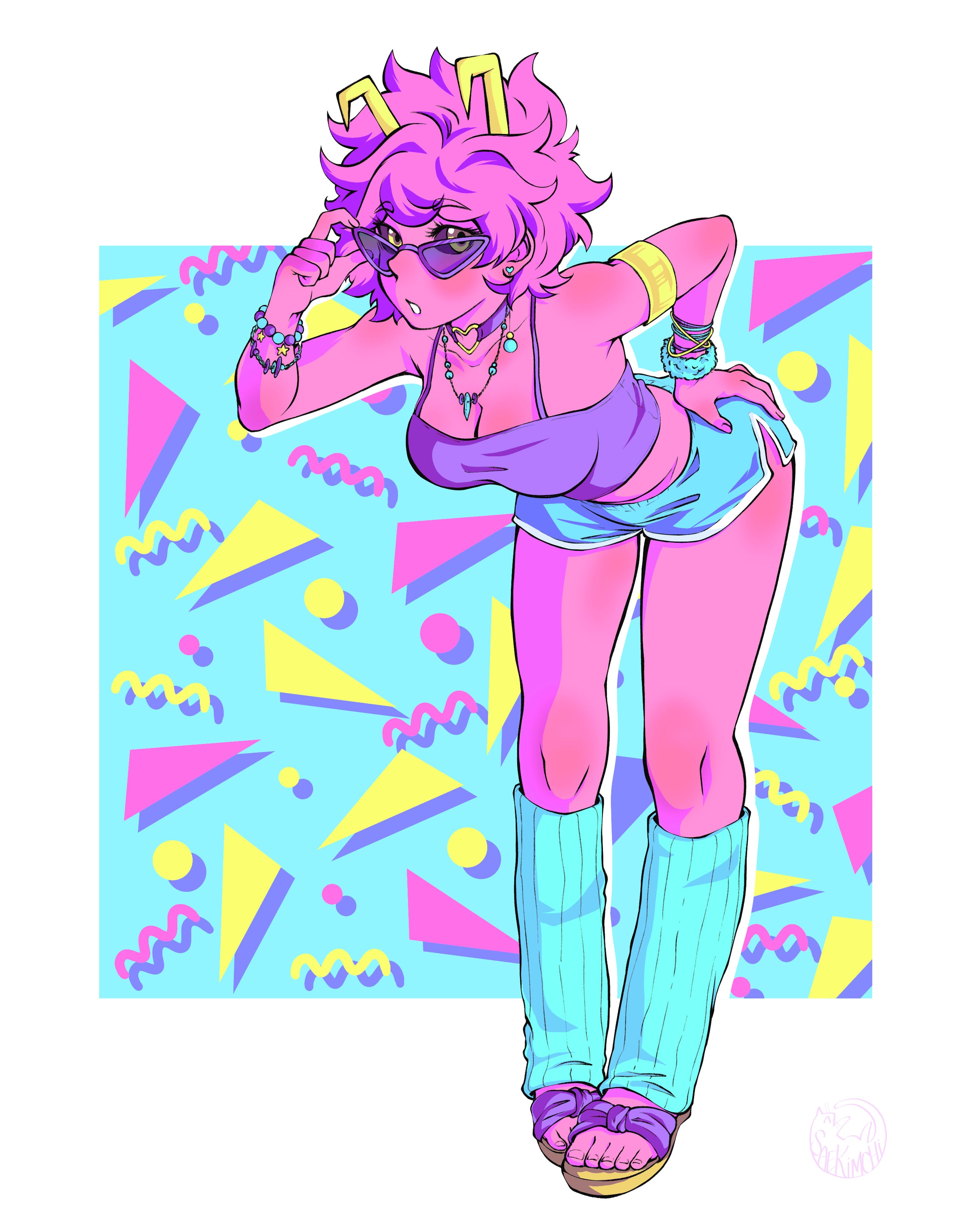 ashido mina, boku no hero academia, absurdres, commentary, english commentary, highres, merchandise available, 1girl, abstract background, adjusting eyewear, alternate costume, aqua leg warmers, aqua shorts, armlet, bare shoulders, bent over, blush, bracelet, breasts, choker, cleavage, colored sclera, colored skin, eyelashes, fingernails, full body, hand on own ass, heart, heart choker, horns, jewelry, leg warmers, midriff, multiple bracelets, necklace, pink hair, pink skin, purple-framed eyewear, purple-tinted eyewear, purple choker, purple sclera, purple tank top, saekimichi, sandals, short hair, shorts, solo, sunglasses, tank top, tinted eyewear, toenails, toes, yellow eyes, yellow sandals