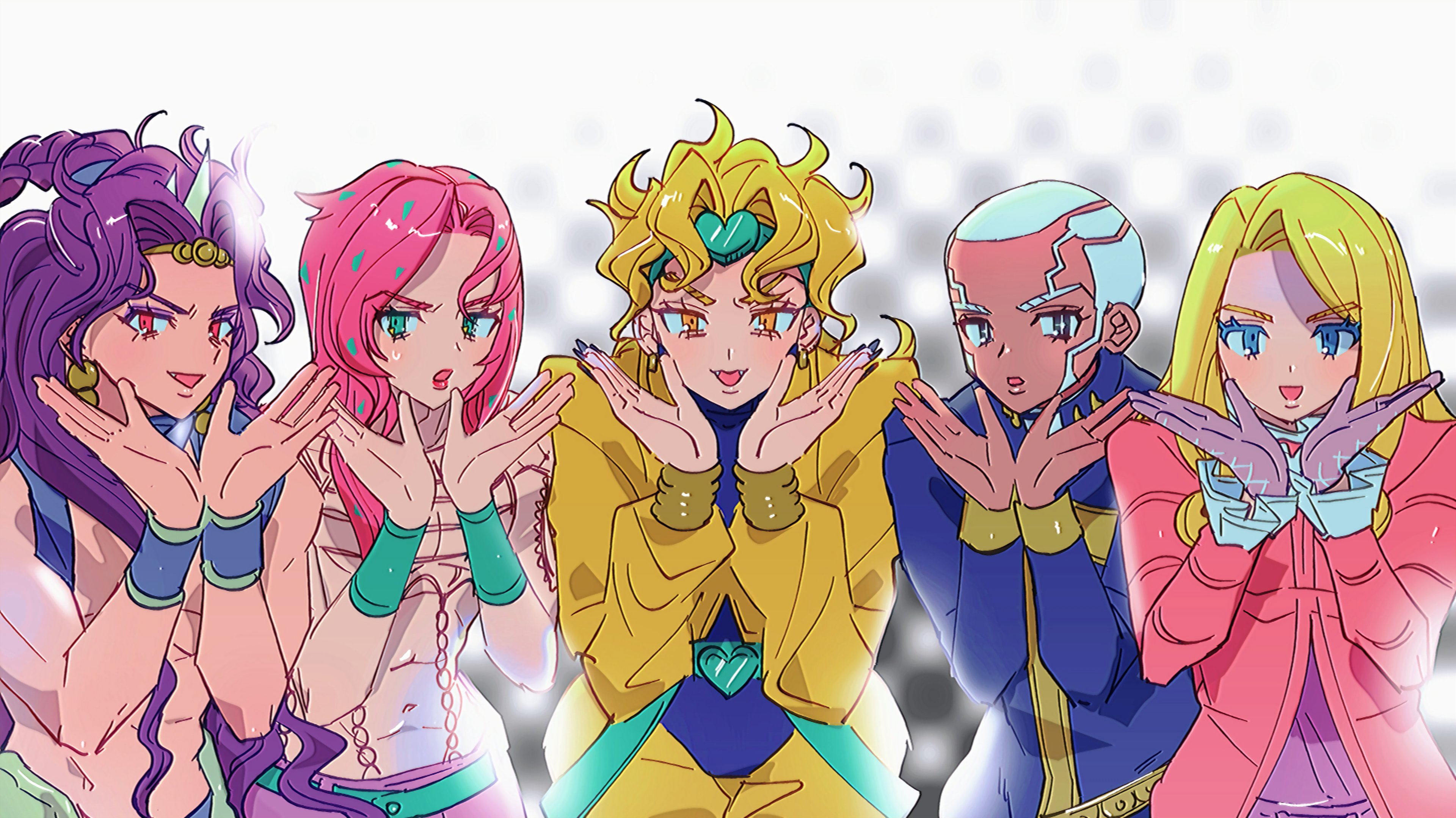 diavolo, dio brando, enrico pucci, funny valentine, kars (jojo), battle tendency, jojo no kimyou na bouken, stardust crusaders, steel ball run, stone ocean, vento aureo, absurdres, commentary request, highres, + +, 5boys, :d, :o, asami poe n, black nails, blonde hair, blue eyes, braid, bright pupils, cassock, coat, colored eyelashes, curly hair, dark-skinned male, dark skin, ear birthmark, earrings, fang, fingernails, frilled sleeves, frills, gloves, green eyes, green headband, hands up, headband, horns, jacket, jewelry, lipstick, long fingernails, long hair, long sleeves, looking at viewer, makeup, male focus, multiple boys, open mouth, pants, pink coat, pink hair, pink lips, purple eyes, purple gloves, purple hair, red eyes, short hair, smile, spotted hair, sweat, topless male, upper body, very long hair, very short hair, white hair, white pupils, yellow jacket, yellow pants