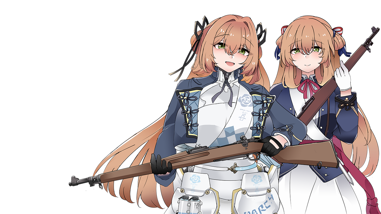 lsheng, springfield (girls' frontline), springfield (girls' frontline 2), girls' frontline, girls' frontline 2: exilium, commentary request, commission, pixiv commission, 2girls, bolt action, breasts, brown hair, food, green eyes, gun, hair between eyes, hair ribbon, hair rings, m1903 springfield, muffin, multiple girls, personification, ribbon, rifle, sidelocks tied back, smile, weapon