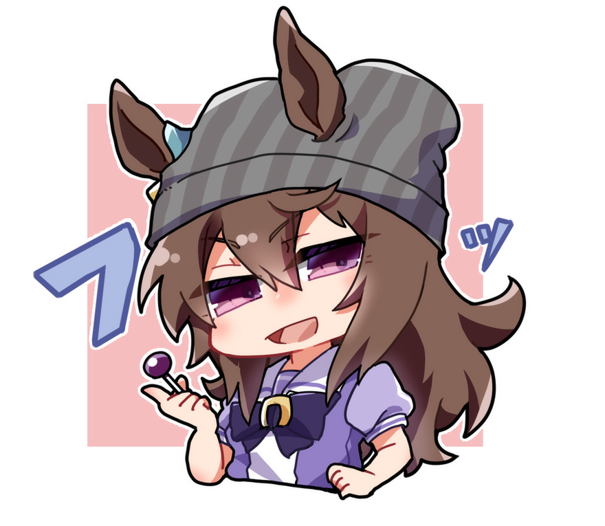beer hsk, nakayama festa (umamusume), umamusume, commentary request, translation request, 1girl, :d, animal ears, beanie, border, bow, brown hair, candy, chibi, cropped torso, ears through headwear, food, grey hat, hair between eyes, hat, holding, holding candy, holding food, holding lollipop, horse ears, lollipop, long hair, looking at viewer, open mouth, outline, pink background, puffy short sleeves, puffy sleeves, purple bow, purple eyes, purple shirt, school uniform, shirt, short sleeves, smile, solo, striped clothes, striped headwear, tracen school uniform, upper body, vertical-striped clothes, vertical-striped headwear, white border, white outline
