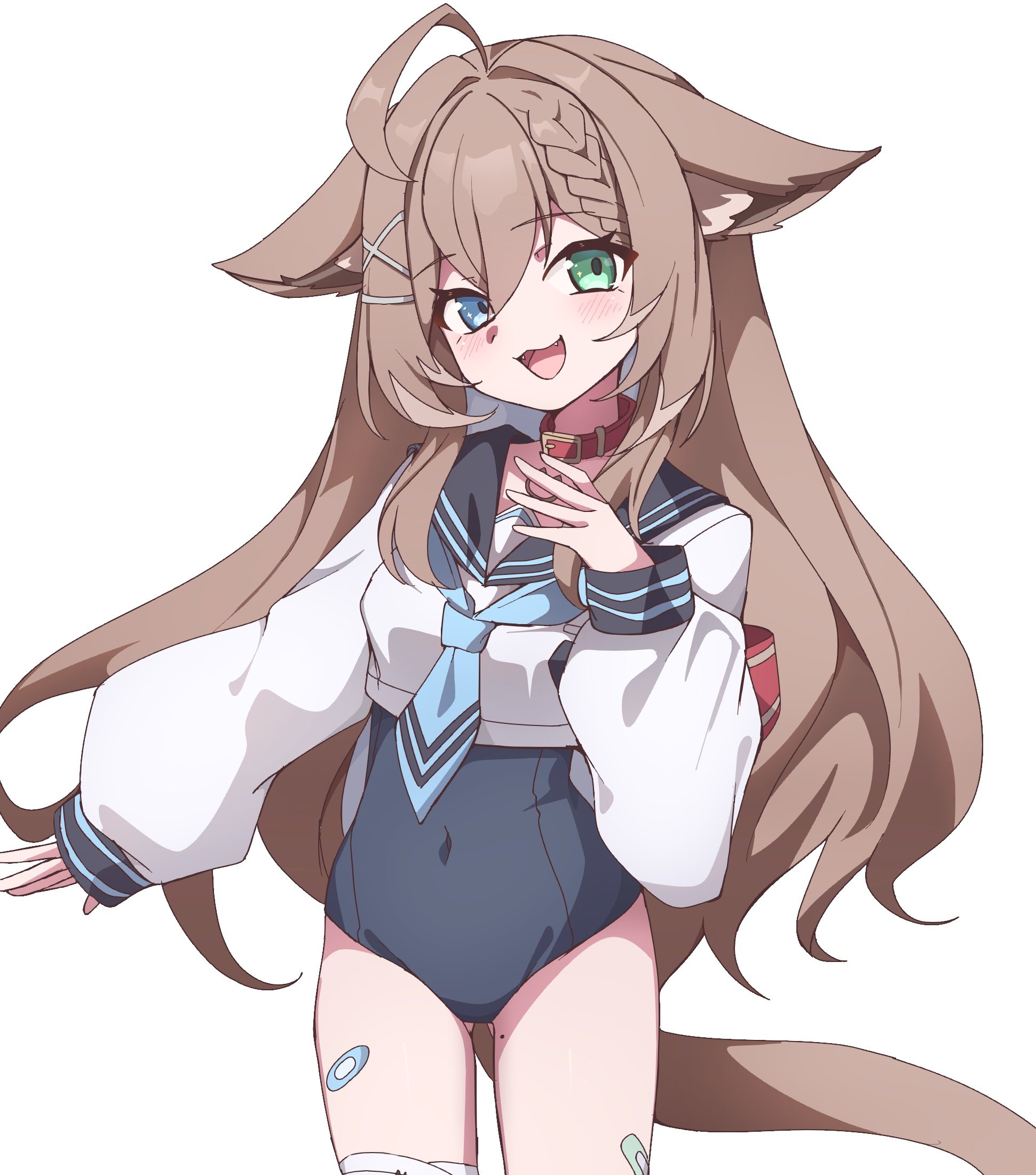 indie virtual youtuber, artist request, commentary request, highres, second-party source, 1girl, :3, :d, ahoge, animal collar, animal ear fluff, animal ears, bandaged leg, bandages, bandaid, bandaid on leg, belt collar, black sailor collar, blue eyes, blue hair, blue neckerchief, blue one-piece swimsuit, blush, braid, braided bangs, brown hair, brown tail, cat ears, cat girl, cat pendant, cat tail, collar, colored inner hair, covered navel, cowboy shot, cropped shirt, ears down, fang, gluteal fold, green eyes, hair between eyes, hair ornament, hairclip, hand up, head tilt, heterochromia, huge ahoge, long hair, long sleeves, looking at viewer, michiyo mao, mole, mole on thigh, multicolored hair, neckerchief, one-piece swimsuit, open mouth, outstretched arm, pendant collar, puffy long sleeves, puffy sleeves, red collar, sailor collar, school swimsuit, school uniform, serafuku, simple background, smile, spanish commentary, swimsuit, swimsuit under clothes, tail, virtual youtuber, white background, white serafuku, x hair ornament