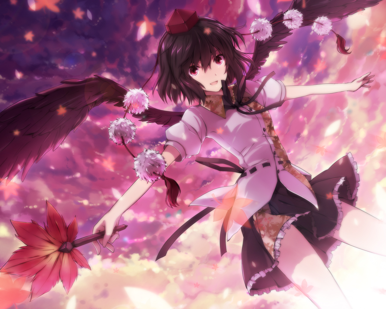 6u (eternal land), kiyu, shameimaru aya, touhou, bad id, bad pixiv id, md5 mismatch, resolution mismatch, 1girl, black hair, black wings, cloud, female focus, hat, leaf, outstretched arms, red eyes, ribbon, shirt, short hair, skirt, smile, solo, spread arms, tokin hat, wings