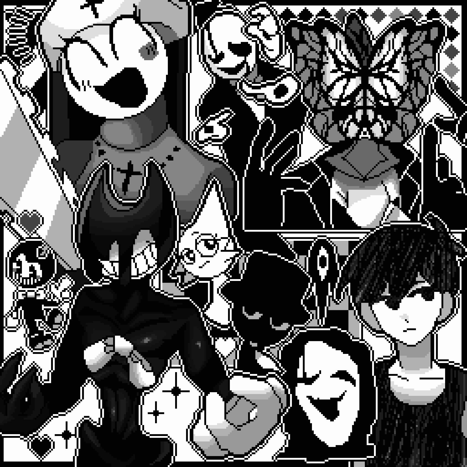 bendy, omori (omori), something (omori), uboa, w.d. gaster, bendy and the ink machine, omori, undertale, utdr (toby fox), yume nikki, character counter request, character request, commentary, copyright request, highres, symbol-only commentary, 9aaaalt29, ^ ^, antenna hair, black eyes, black hair, black tank top, blush, closed eyes, closed mouth, collarbone, colored skin, double-parted bangs, gloves, hair between eyes, heart, looking to the side, open mouth, pixel art, short hair, tank top, white gloves, white skin