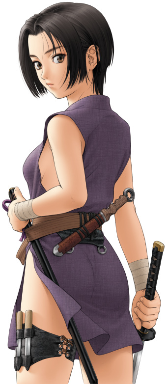 teiku (take), character request, commentary request, copyright request, 1990s (style), 1girl, arm at side, ass, bandaged wrist, bandages, belt, black hair, breasts, brown belt, brown eyes, closed mouth, cowboy shot, curtained hair, dagger, dress, expressionless, forehead, from behind, hand up, holding, holding sheath, holding sword, holding weapon, holster, katana, knife, looking at viewer, looking back, medium breasts, ninja, o-ring, parted bangs, purple dress, retro artstyle, sheath, sheathed, short hair, side slit, sideboob, sidelocks, simple background, sleeveless, sleeveless dress, solo, sword, thigh holster, turning head, weapon, white background