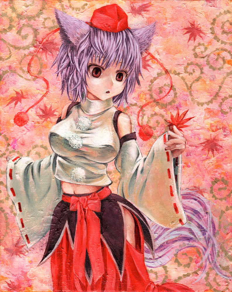 kabaji, hakurei reimu, inubashiri momiji, touhou, silver hair, oil painting (medium), painting (medium), traditional media, 1girl, :o, adapted costume, animal ears, bare shoulders, breasts, detached sleeves, female focus, hat, hip focus, large breasts, leaf, maple leaf, navel, red eyes, shirt, short hair, solo, tail, taut clothes, taut shirt, tokin hat, wide sleeves, wolf ears, wolf tail