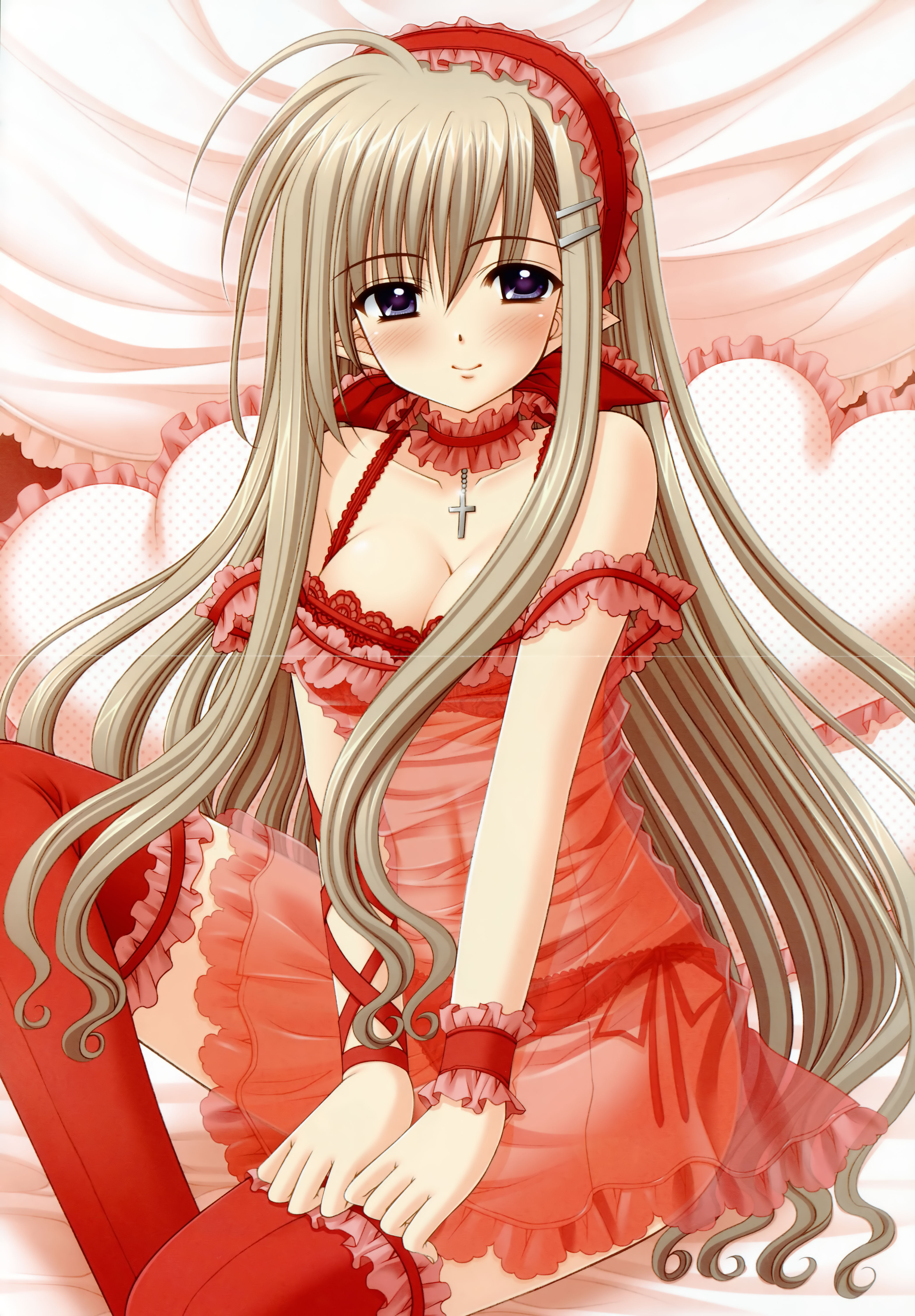 nishimata aoi, ruri matsuri, shuffle!, shuffle! essence+, absurdres, highres, 00s, 1girl, blush, bra, breasts, brown hair, cleavage, cross, female focus, frilled pillow, frilled thighhighs, frills, hair ornament, hairclip, heart, heart-shaped pillow, lingerie, long hair, medium breasts, panties, pillow, pointy ears, purple eyes, red thighhighs, see-through clothes, side-tie panties, smile, solo, thighhighs, underwear, wrist cuffs