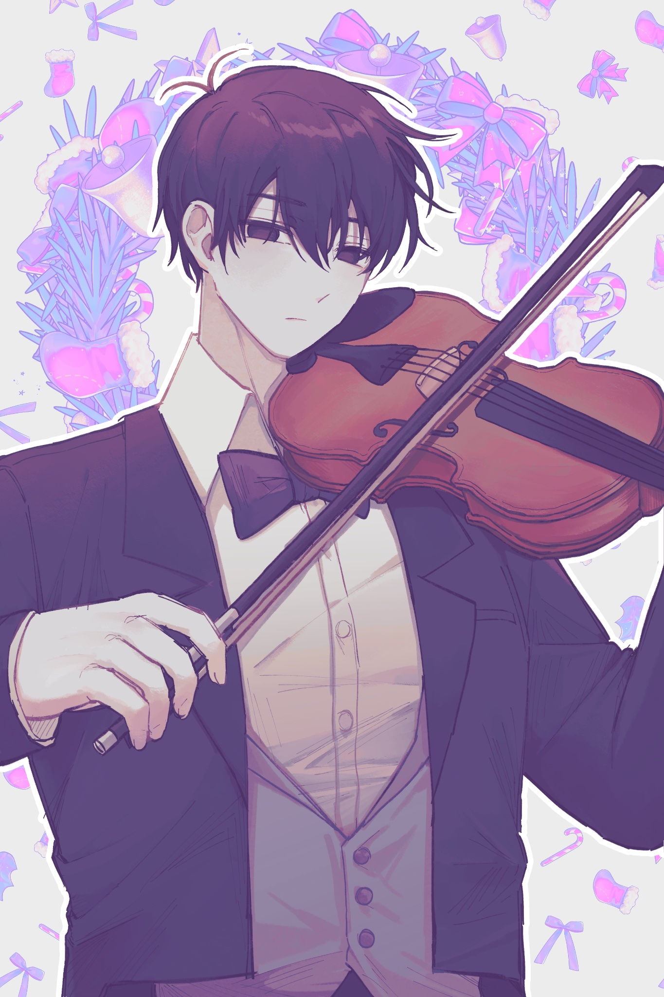 omo taru, sunny (omori), omori, commentary request, highres, korean commentary, second-party source, 1boy, aged up, antenna hair, black bow, black bowtie, black eyes, black hair, black jacket, bow, bow (music), bowtie, buttons, closed mouth, collared shirt, grey background, grey vest, hair behind ear, hair between eyes, hand up, holding, holding bow (music), holding instrument, holding violin, instrument, jacket, long sleeves, looking at viewer, male focus, no pupils, open clothes, open jacket, shirt, short hair, simple background, solo, upper body, vest, violin, white shirt