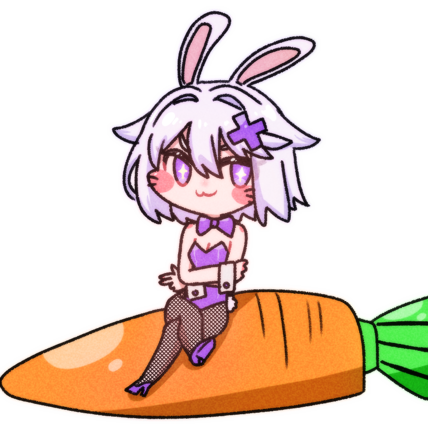 khs4love, filian (vtuber), indie virtual youtuber, commentary, english commentary, + +, 1girl, :3, animal ears, blush, blush stickers, bow, bowtie, carrot, chibi, chibi only, closed mouth, crossed arms, crossed legs, fishnet pantyhose, fishnets, full body, hair intakes, hair ornament, leotard, outline, pantyhose, playboy bunny, purple bow, purple bowtie, purple eyes, purple leotard, rabbit ears, sitting, smile, solo, strapless, strapless leotard, transparent background, virtual youtuber, whiskers, white hair, white outline, wrist cuffs, x hair ornament