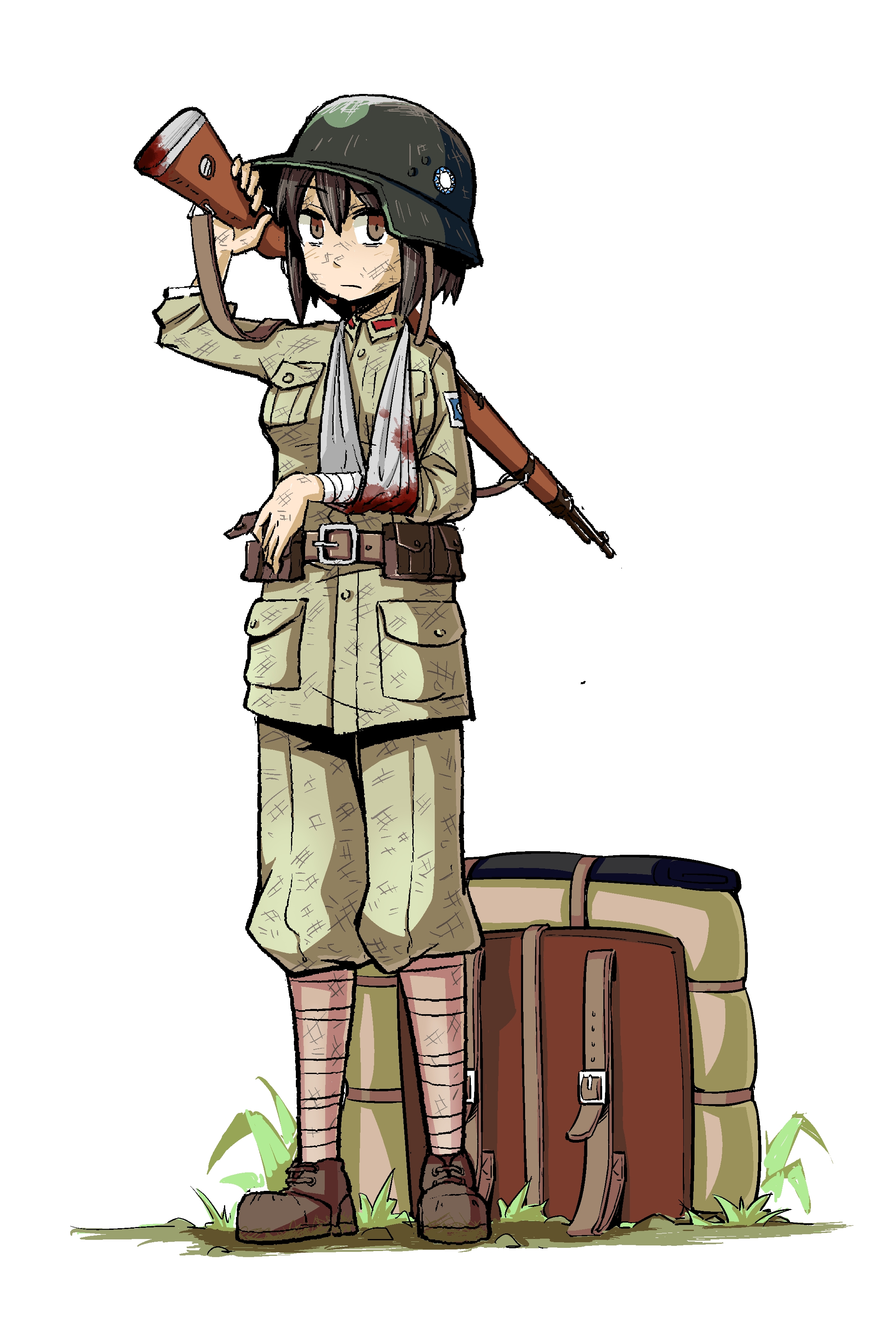 dayue, original, absurdres, commentary request, highres, 1girl, bandages, blood, bloody bandages, bolt action, brown eyes, brown hair, closed mouth, combat helmet, full body, gun, helmet, holding, holding gun, holding weapon, kuomintang, mauser 98, military, military uniform, national revolutionary army, rifle, short hair, simple background, solo, stahlhelm, standing, weapon, white background