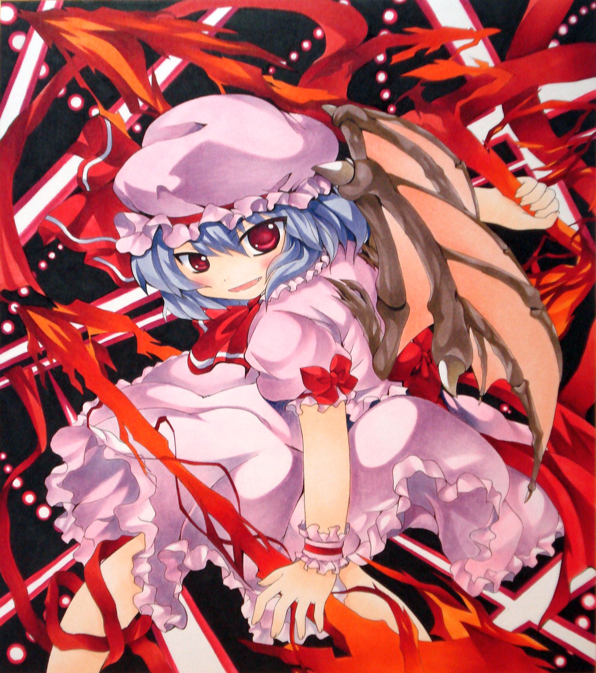 yuki tsuki sou, yukitsuki kokoro, remilia scarlet, touhou, light purple hair, bad id, bad pixiv id, highres, jpeg artifacts, marker (medium), traditional media, 1girl, blurry, danmaku, female focus, hat, laser, red eyes, ribbon, shikishi, short hair, solo, spear the gungnir