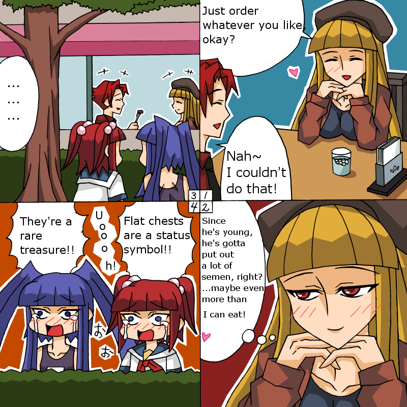furudo erika, gertrude (umineko), ushiromiya ange, ushiromiya battler, umineko no naku koro ni, hard-translated, third-party edit, 00s, 1boy, 3girls, 4koma, bad anatomy, blonde hair, blue hair, comic, multiple girls, poorly drawn, red hair