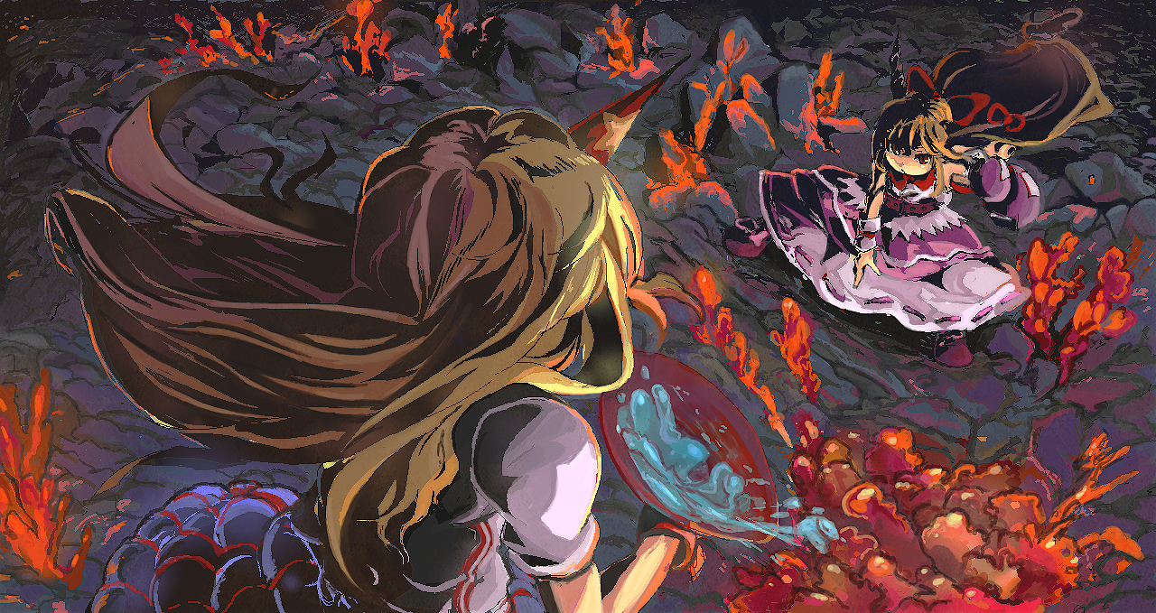 aromaurooboe, hoshiguma yuugi, ibuki suika, touhou, bad id, bad pixiv id, 2girls, alcohol, battle, cup, female focus, fire, gourd, horns, multiple girls, sakazuki, sake, single horn