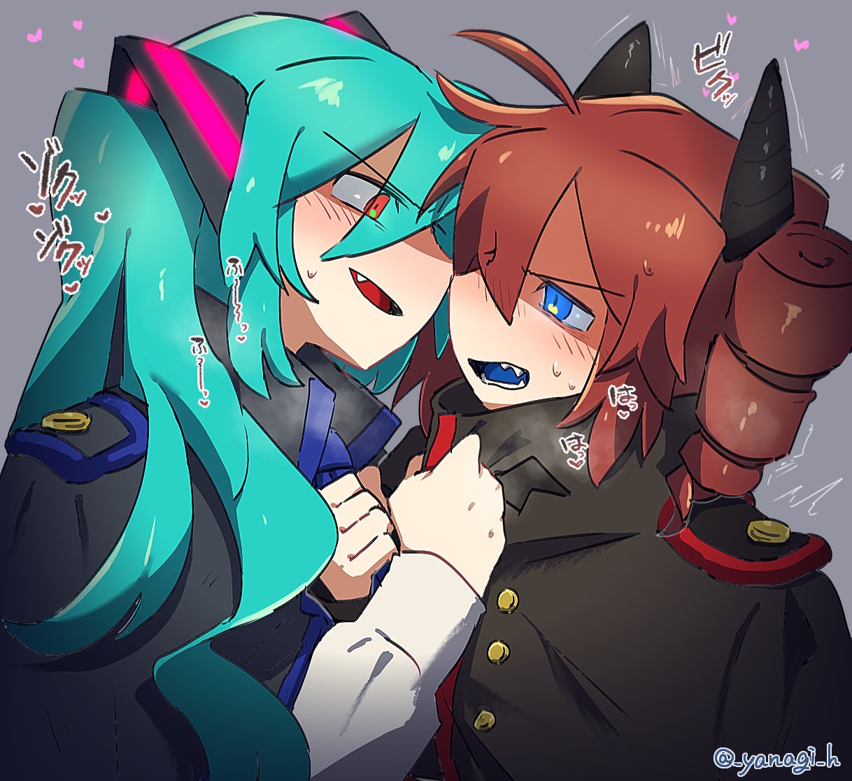 yanagihae, hatsune miku, kasane teto, daidaidaidaidaikirai, synthesizer v, utau, vocaloid, commentary request, 2girls, ^^^, aqua hair, black coat, blue eyes, blue necktie, blue tongue, blush, breath, clothes grab, coat, collar grab, colored tongue, drill hair, eye contact, face-to-face, fangs, grey background, hair ornament, heart, high collar, horns, long sleeves, looking at another, multiple girls, necktie, necktie grab, neckwear grab, open mouth, orange eyes, red hair, shirt, sweat, twin drills, twintails, twitter username, upper body, v-shaped eyebrows, white shirt, yuri