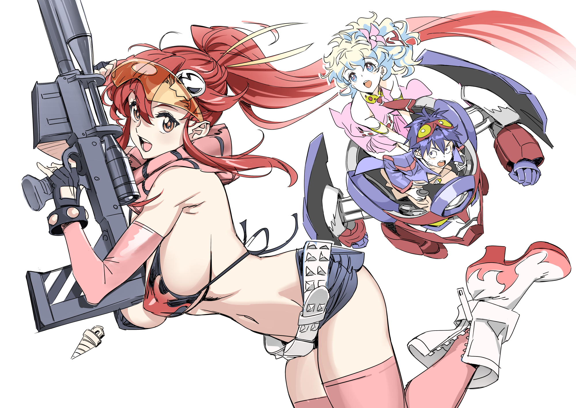 nishieda, nia teppelin, simon (ttgl), yoko littner, tengen toppa gurren lagann, commentary request, highres, 1boy, 2girls, belt, bikini, bikini top only, blonde hair, blue eyes, blue hair, blush, bracelet, breasts, cross-shaped pupils, dress, fingerless gloves, flame print, flower, gloves, goggles, goggles on head, gun, hair flower, hair ornament, hair stick, jewelry, kamina shades, large breasts, long hair, looking at viewer, multicolored hair, multiple girls, navel, no shirt, pink arm warmers, pink thighhighs, ponytail, red hair, rifle, scarf, short hair, short shorts, shorts, skull hair ornament, smile, sniper rifle, striped clothes, striped scarf, studded belt, studded bracelet, swimsuit, symbol-shaped pupils, thighhighs, triangular eyewear, two-tone hair, weapon, yellow eyes