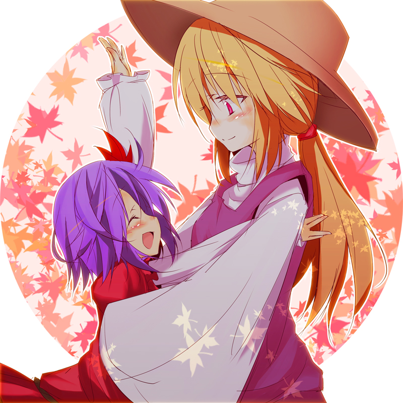 huei nazuki, moriya suwako, yasaka kanako, touhou, bad id, 2girls, aged up, alternate hairstyle, blonde hair, blush, child, female focus, hair ornament, happy, hat, height difference, leaf, leaf hair ornament, long hair, long sleeves, multiple girls, petite, ponytail, purple hair, red eyes, ribbon, role reversal, short hair, size difference, sleeves past wrists, smile, wide sleeves