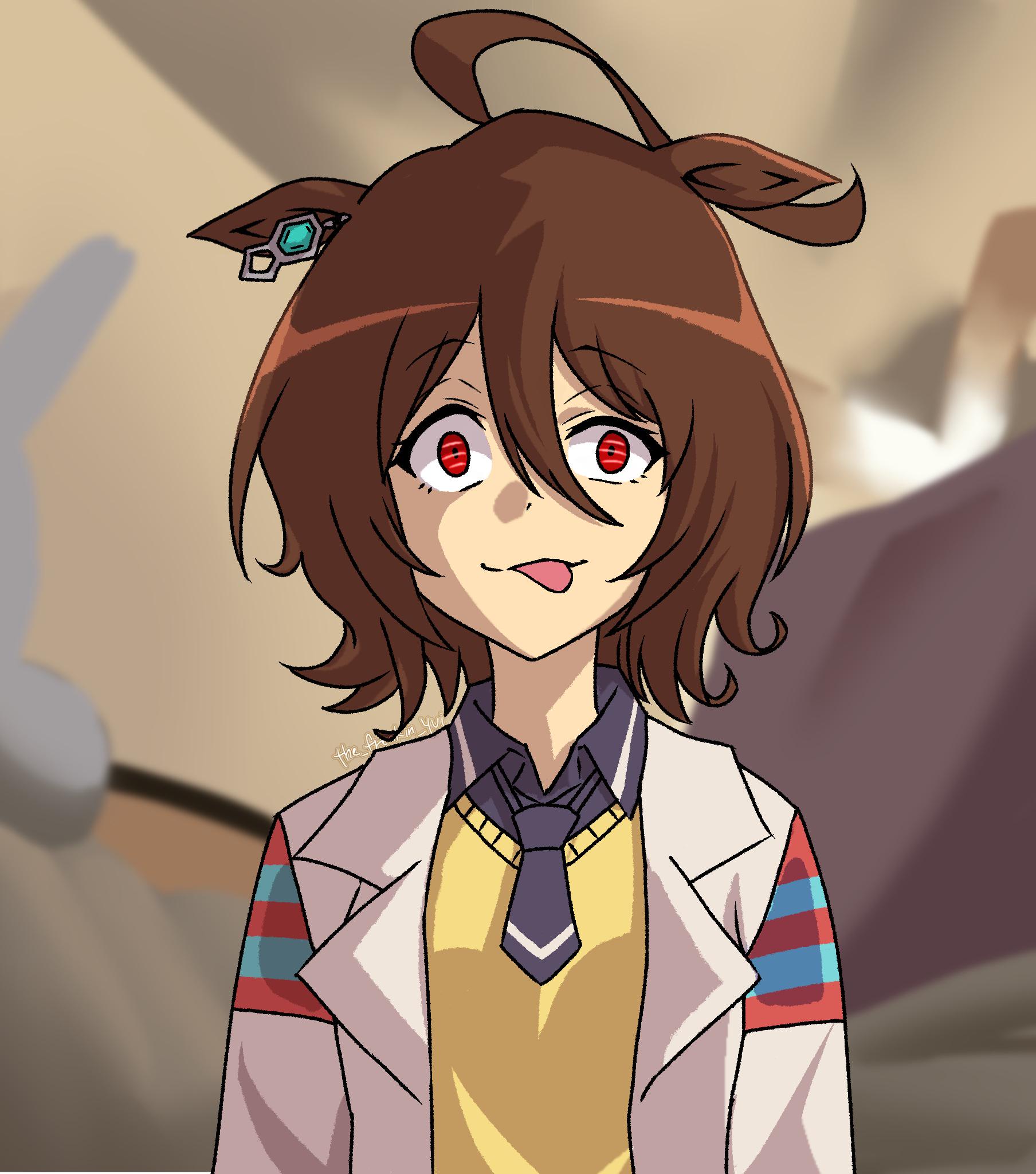 the freakin yui, agnes tachyon (tach-nology) (umamusume), agnes tachyon (umamusume), umamusume, commentary, english commentary, highres, photo-referenced, 1girl, ahoge, animal ears, artist name, blurry, blurry background, brown hair, chemical structure, coat, earrings, hair between eyes, horse ears, horse girl, jewelry, lab coat, long sleeves, looking at viewer, meme, necktie, red eyes, rigby the cat (meme), short necktie, single earring, solo, straight-on, sweater, tongue, tongue out, upper body, wall-eyed, white coat, wolf cut, yellow sweater
