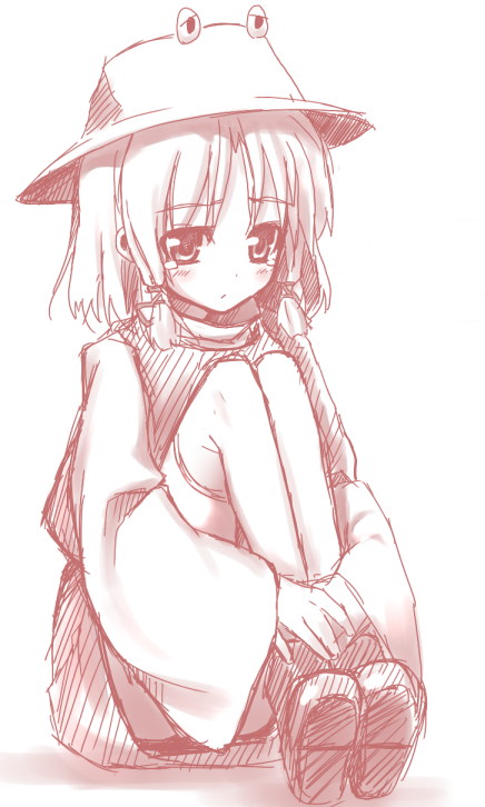 hiraga matsuri, hirasato, moriya suwako, touhou, 1girl, boots, female focus, frown, full body, hat, hugging own legs, monochrome, sad, short hair, simple background, sitting, sketch, solo, teardrop, tears, thighhighs, wide sleeves