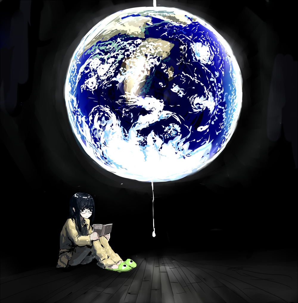 kai (kai 013), original, bad id, bad pixiv id, 1girl, black hair, blunt bangs, earth (planet), female focus, glasses, hime cut, pajamas, planet, reading, slippers, solo, world