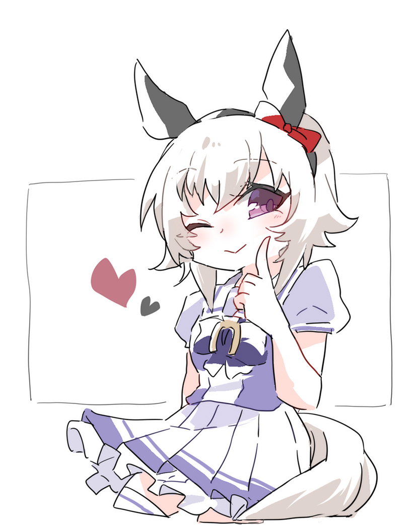 beer hsk, curren chan (umamusume), umamusume, commentary request, 1girl, ;), animal ears, bow, closed mouth, cropped legs, ear bow, hair between eyes, heart, horse ears, horse girl, horse tail, looking at viewer, one eye closed, pleated skirt, puffy short sleeves, puffy sleeves, purple bow, purple eyes, purple shirt, red bow, school uniform, shirt, short sleeves, simple background, skirt, smile, solo, tail, thighhighs, tracen school uniform, white background, white hair, white skirt, white thighhighs