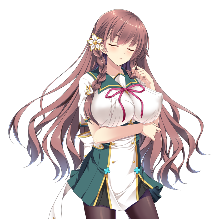 chikubi (artist), kusarou, morita ouka, mahou shoujo inori, game cg, large variant set, non-web source, official art, variant set, 1girl, blush, braid, breasts, brown hair, closed eyes, covered erect nipples, cowboy shot, flower, hair flower, hair ornament, huge breasts, long hair, pantyhose, school uniform, short sleeves, side braid, skirt, solo, transparent background, twirling hair