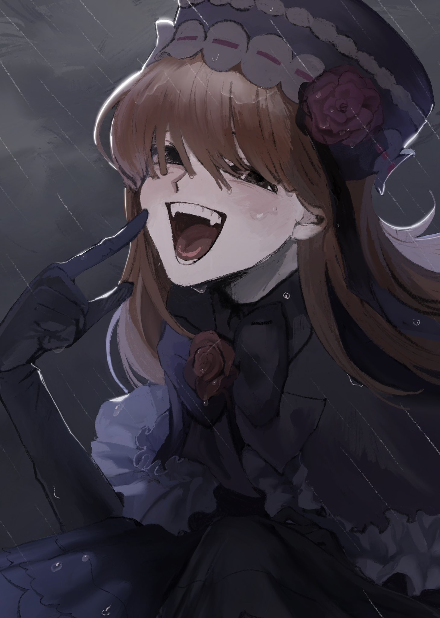 nasu (nasuotabe), eva beatrice, umineko no naku koro ni, highres, 1girl, bow, brown eyes, dress, elbow gloves, fangs, flower, frills, gloves, hair ornament, hat, long hair, orange hair, pointing, pointing at self, rain, rose, smile, solo