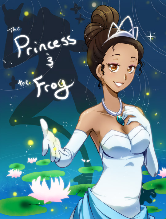 galibo, tiana, tiana (the princess and the frog), disney, the princess and the frog (disney), bad id, bad pixiv id, 1girl, animification, armpits, bare shoulders, breasts, brown eyes, brown hair, cleavage, dark-skinned female, dark skin, dress, elbow gloves, female focus, gloves, jewelry, large breasts, necklace, sideboob, smile, solo, tiara