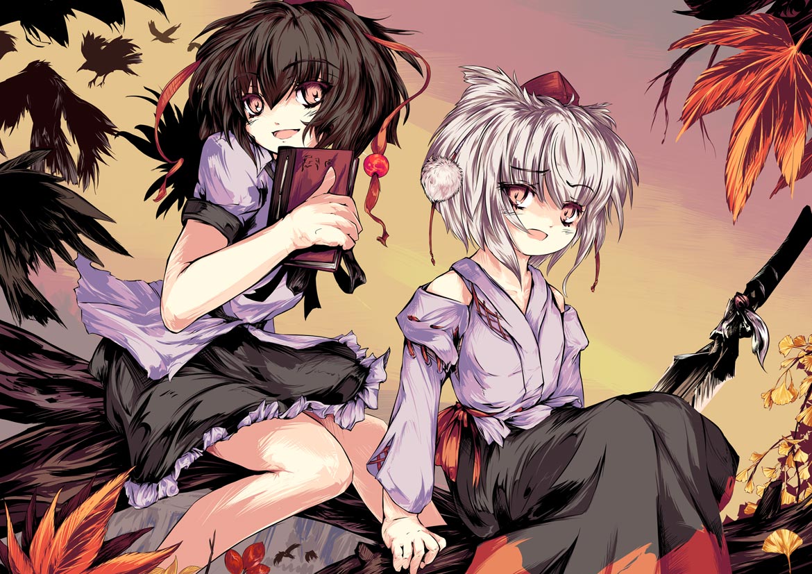 nine (pixiv), nine (suifla), inubashiri momiji, shameimaru aya, touhou, silver hair, 2girls, black hair, detached sleeves, female focus, hat, multiple girls, notebook, red eyes, short hair, sword, tokin hat, weapon