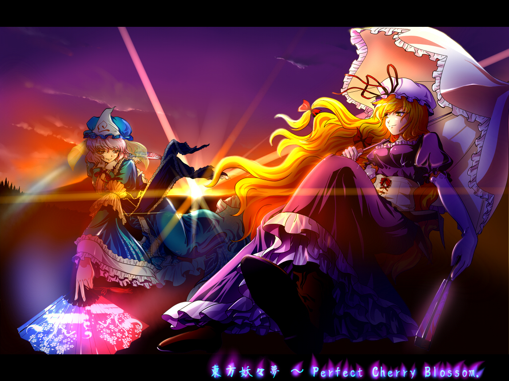 tsuki hana, saigyouji yuyuko, yakumo yukari, touhou, bad id, bad pixiv id, 2girls, blonde hair, bow, dress, female focus, frills, hair bow, hand fan, letterboxed, multiple girls, pink hair, ribbon, umbrella, yellow eyes