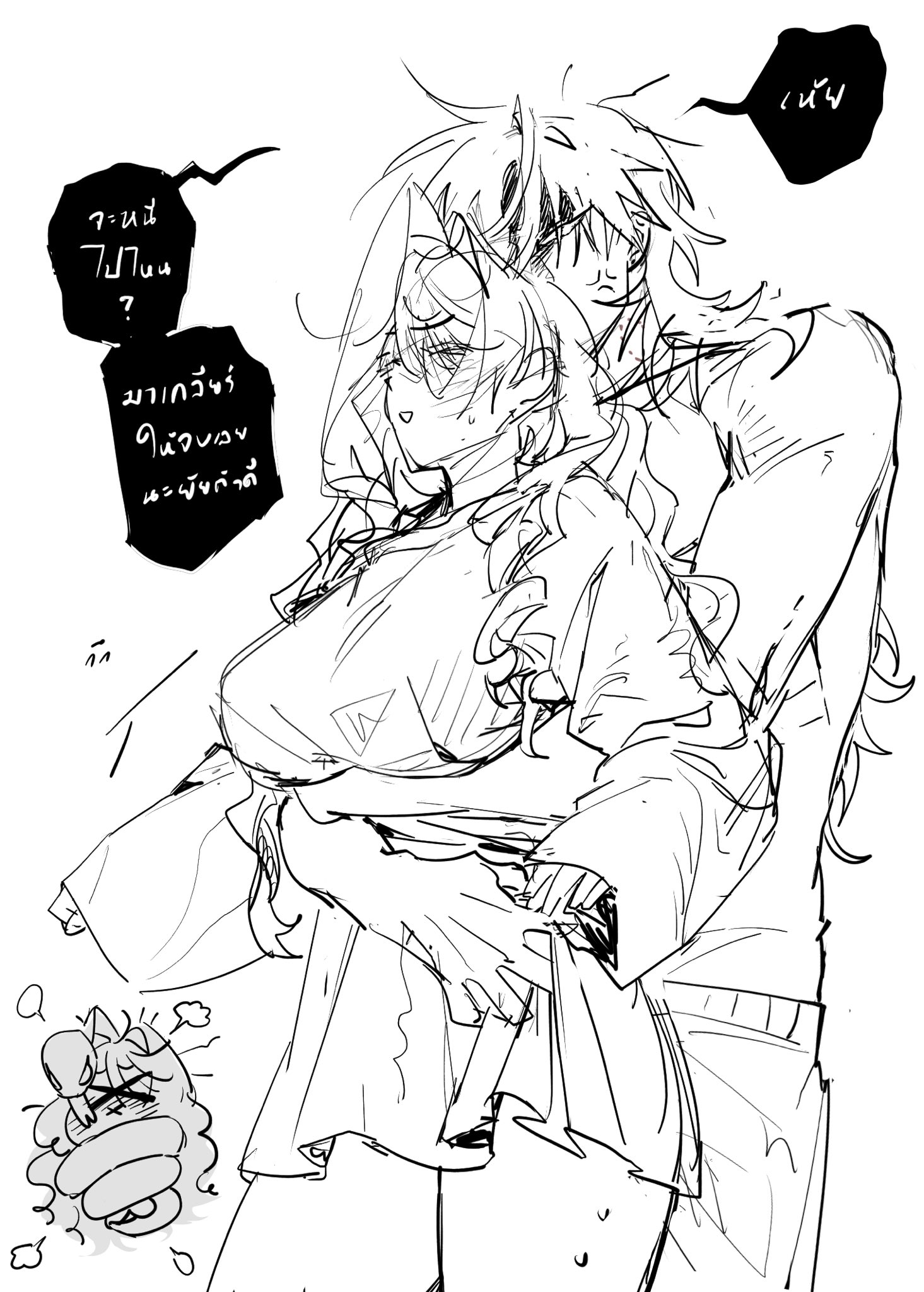 unholymilk, original, commentary request, highres, translation request, 1boy, 1girl, anger vein, arms under breasts, blush, breasts, chibi, couple, cowboy shot, dress, gohagan (unholymilk), hair between eyes, hug, hug from behind, large breasts, long hair, long sleeves, open mouth, pants, simple background, sketch, snake, snake wrapped around body, speech bubble, sweatdrop, thai commentary, thai text, topless male, white background, white dress, x mouth