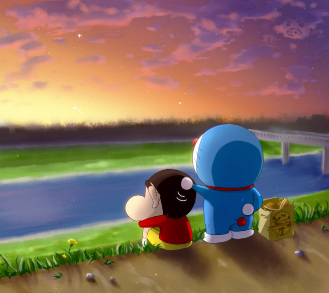 galibo, doraemon (character), nohara shinnosuke, usui yoshito, crayon shin-chan, doraemon, bad id, bad pixiv id, 1boy, bridge, child, cloud, crossover, flower, headpat, outdoors, pig, river, robot, short hair, sky, star (sky), starry sky, sunset, when you see it