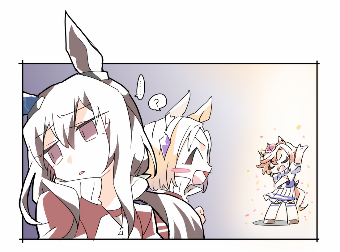 beer hsk, admire vega (umamusume), narita top road (umamusume), t.m. opera o (umamusume), umamusume, commentary request, …, 3girls, :d, ?, ^ ^, animal ears, arm up, blonde hair, blue shirt, blush stickers, brown hair, brown shoes, chibi, closed eyes, crown, gym shirt, hair between eyes, horse ears, horse girl, horse tail, jacket, long hair, low ponytail, mini crown, multiple girls, open mouth, parted bangs, pleated skirt, ponytail, puffy short sleeves, puffy sleeves, purple eyes, red jacket, school uniform, shirt, shoes, short hair, short sleeves, skirt, smile, spoken ellipsis, spoken question mark, tail, thighhighs, tracen school uniform, track jacket, white shirt, white skirt, white thighhighs