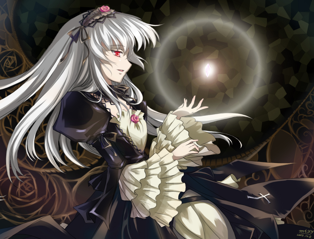 mtyy, suigintou, rozen maiden, 00s, 1girl, crystal, dress, female focus, flower, frills, hairband, long hair, red eyes, solo, white hair
