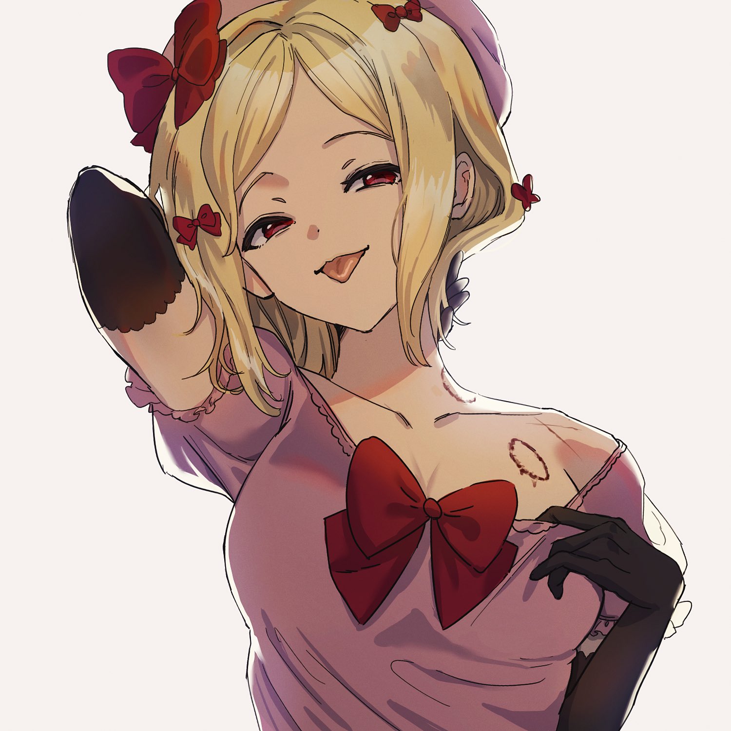 nasu (nasuotabe), lambdadelta, umineko no naku koro ni, highres, 1girl, beret, bite mark, black gloves, blonde hair, blood, bow, breasts, dress, elbow gloves, gloves, hair bow, hat, large breasts, multiple hair bows, pink dress, pink hat, red bow, red eyes, simple background, solo, tongue, tongue out, white background
