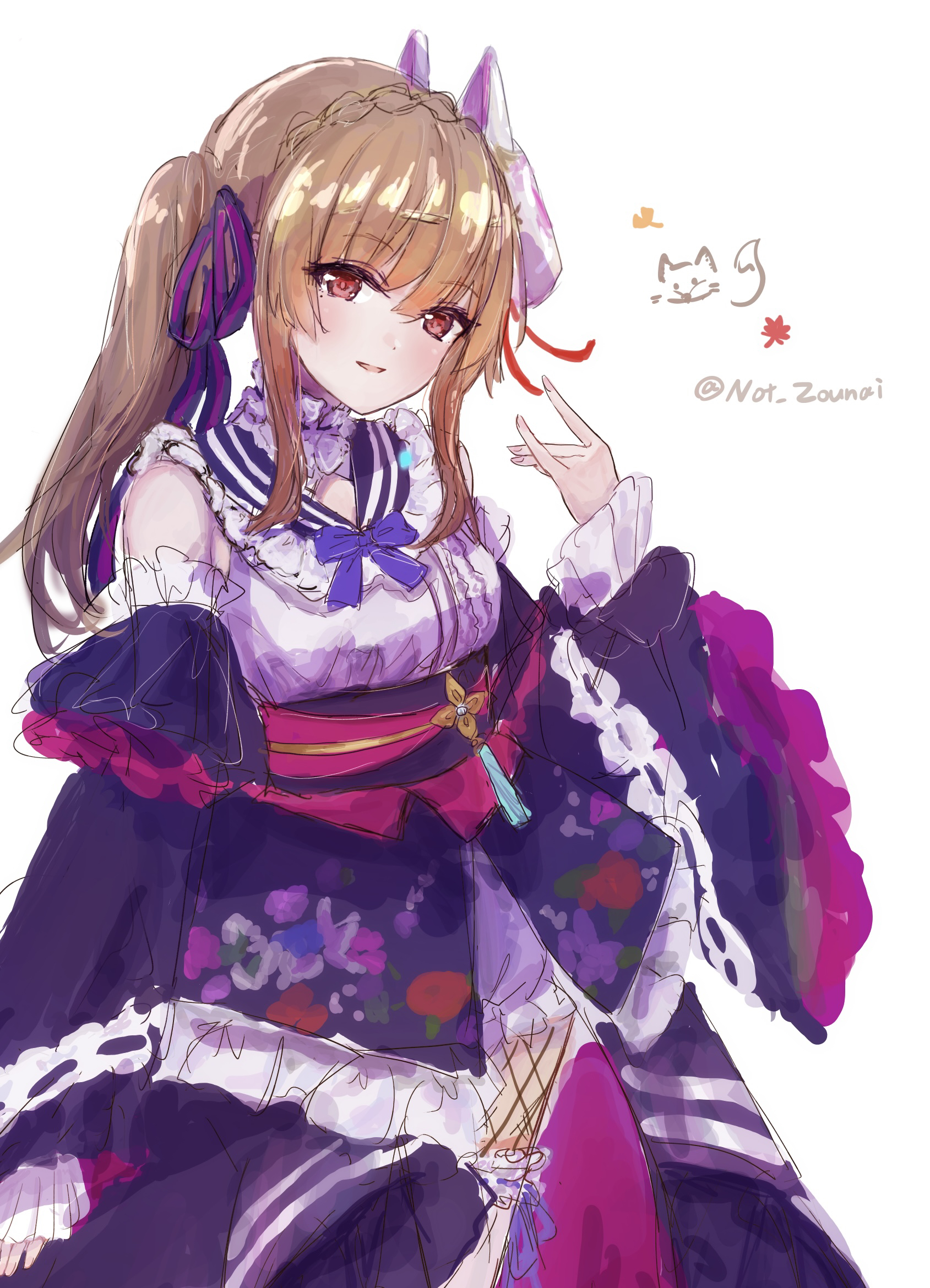 kurauchi naya, kiryuu miya, heaven burns red, commentary request, highres, 1girl, alternate costume, arm at side, bare shoulders, black kimono, black sleeves, blue ribbon, blush, bow, braid, breasts, brown hair, choker, collar, cowboy shot, crown braid, detached sleeves, eyelashes, eyes visible through hair, floral print, fox, fox mask, fox shadow puppet, frilled choker, frilled collar, frilled kimono, frilled sleeves, frills, hair between eyes, hair ornament, hair over shoulder, hair ribbon, hand up, japanese clothes, kimono, long hair, long sleeves, looking at viewer, mask, mask on head, obi, official alternate costume, official alternate hairstyle, open mouth, parted lips, purple bow, purple kimono, purple ribbon, purple sash, red eyes, ribbon, ribbon-trimmed sleeves, ribbon trim, sash, side ponytail, sidelocks, simple background, skirt, sleeveless, sleeveless kimono, sleeves past wrists, smile, solo, standing, twintails, twitter username, white background, wide sleeves