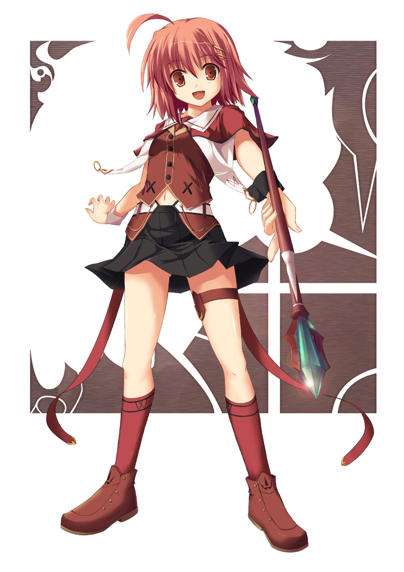 bbbbunny, original, bad id, bad pixiv id, 1girl, ahoge, asymmetrical clothes, black skirt, brown eyes, brown hair, female focus, full body, hair ornament, hairclip, legs, looking at viewer, open mouth, red hair, ribbon, short hair, skirt, socks, solo, staff, standing, thigh strap, wizard, wrist cuffs