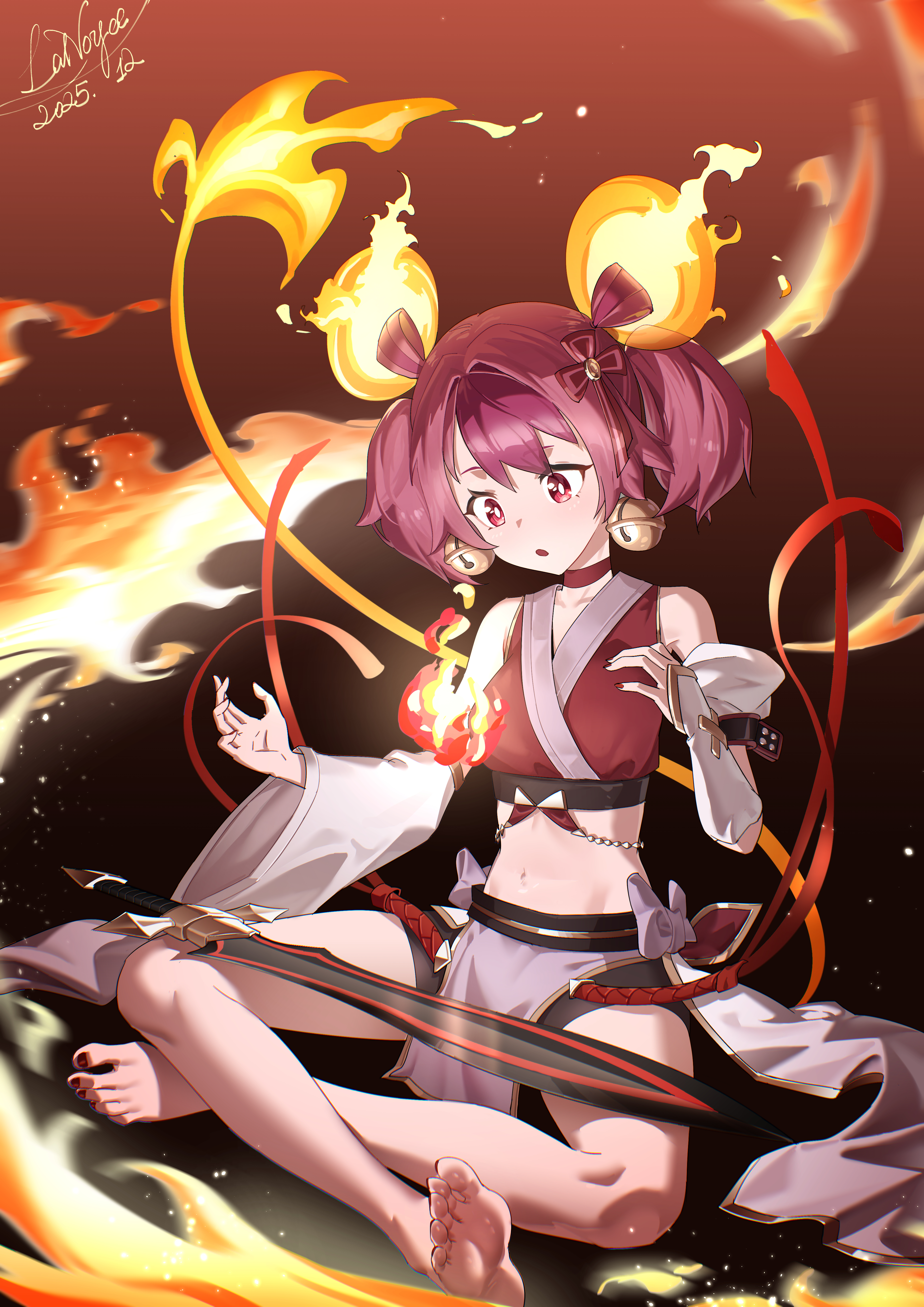 lanoyee, ha-re the sword mikanko, yu-gi-oh!, absurdres, chinese commentary, commentary request, highres, 1girl, animal ears, bare shoulders, barefoot, bell, bell earrings, bike shorts, breasts, choker, collarbone, crop top, dated, detached sleeves, duel monster, earrings, energy tail, fiery ears, fiery tail, fire, full body, glowing tail, hair between eyes, indian style, japanese clothes, jewelry, jingle bell earrings, kimono, midriff, mouse ears, mouse girl, mouse tail, navel, nontraditional miko, parted lips, pelvic curtain, red background, red choker, red eyes, red hair, red kimono, sidelocks, signature, sitting, sleeveless, sleeveless kimono, small breasts, solo, sword, tail, twintails, weapon, white sleeves