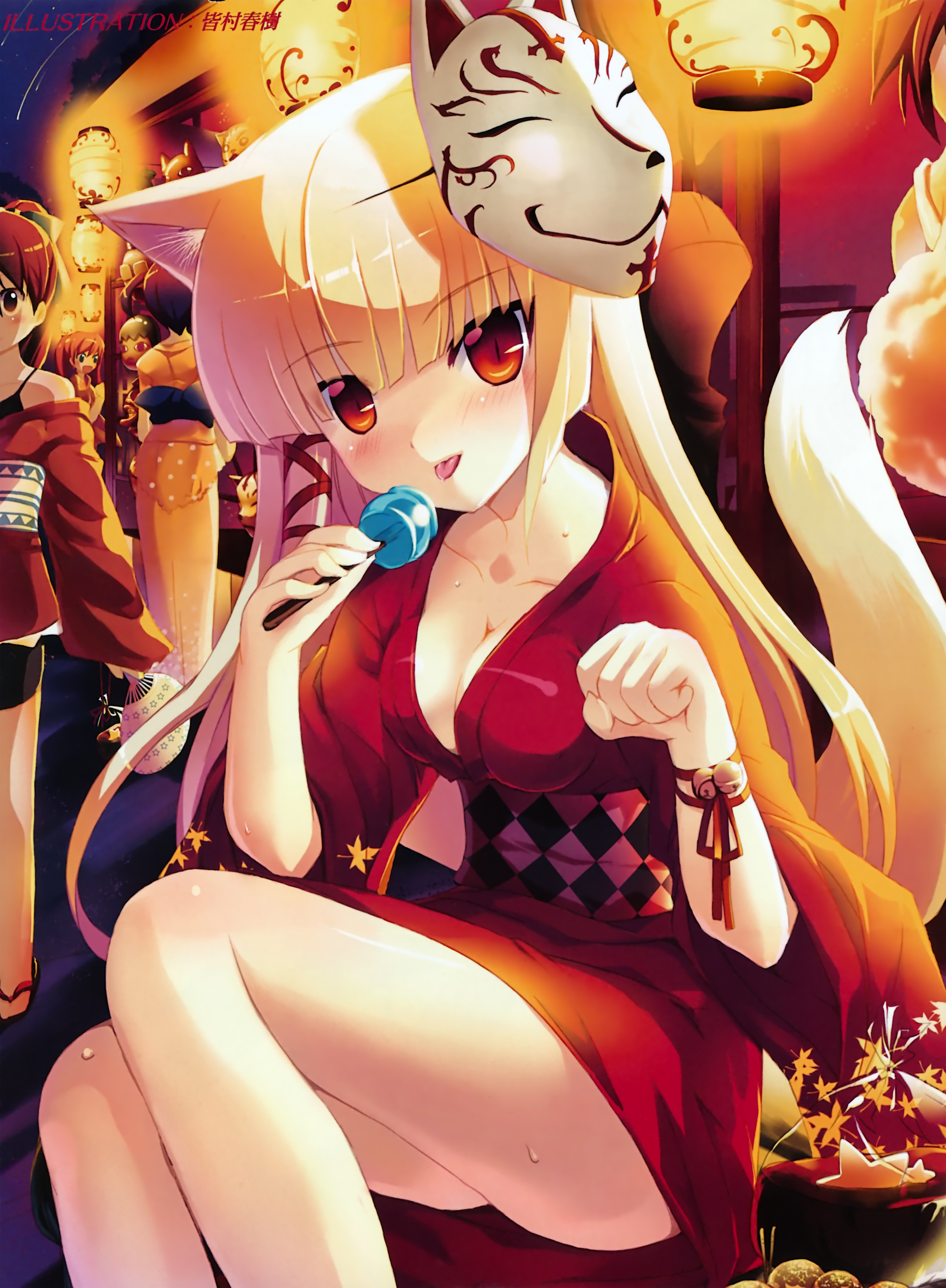 minamura halki, minamura haruki, absurdres, highres, huge filesize, 1girl, :p, animal ears, bell, blonde hair, breasts, cleavage, female focus, festival, fox ears, fox mask, fox tail, hair ribbon, japanese clothes, jingle bell, kimono, large breasts, licking, mask, orange eyes, paw pose, ribbon, slit pupils, solo, sweatdrop, tail, tongue, tongue out