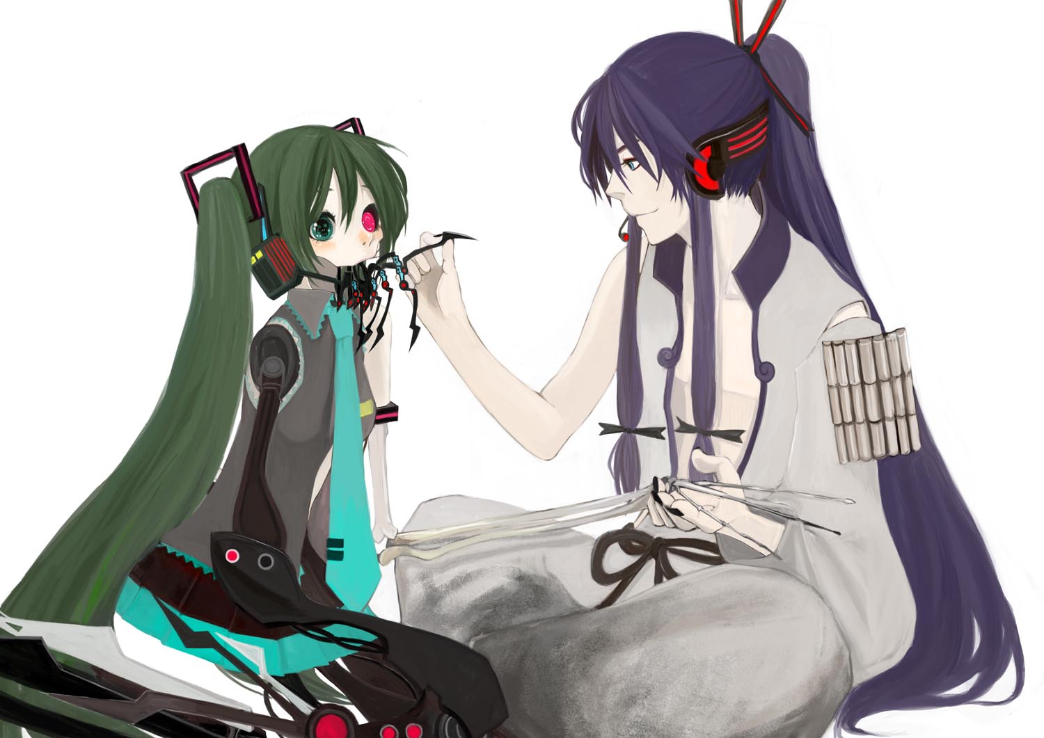 honoka (pandatype), calne ca (deino), hatsune miku, kamui gakupo, ca (deino), vocaloid, bad id, bad pixiv id, 1boy, 1girl, blush, bone, cyborg, green hair, headset, heterochromia, long hair, ponytail, purple hair, skeleton, skirt, skull, symbol-shaped pupils, twintails