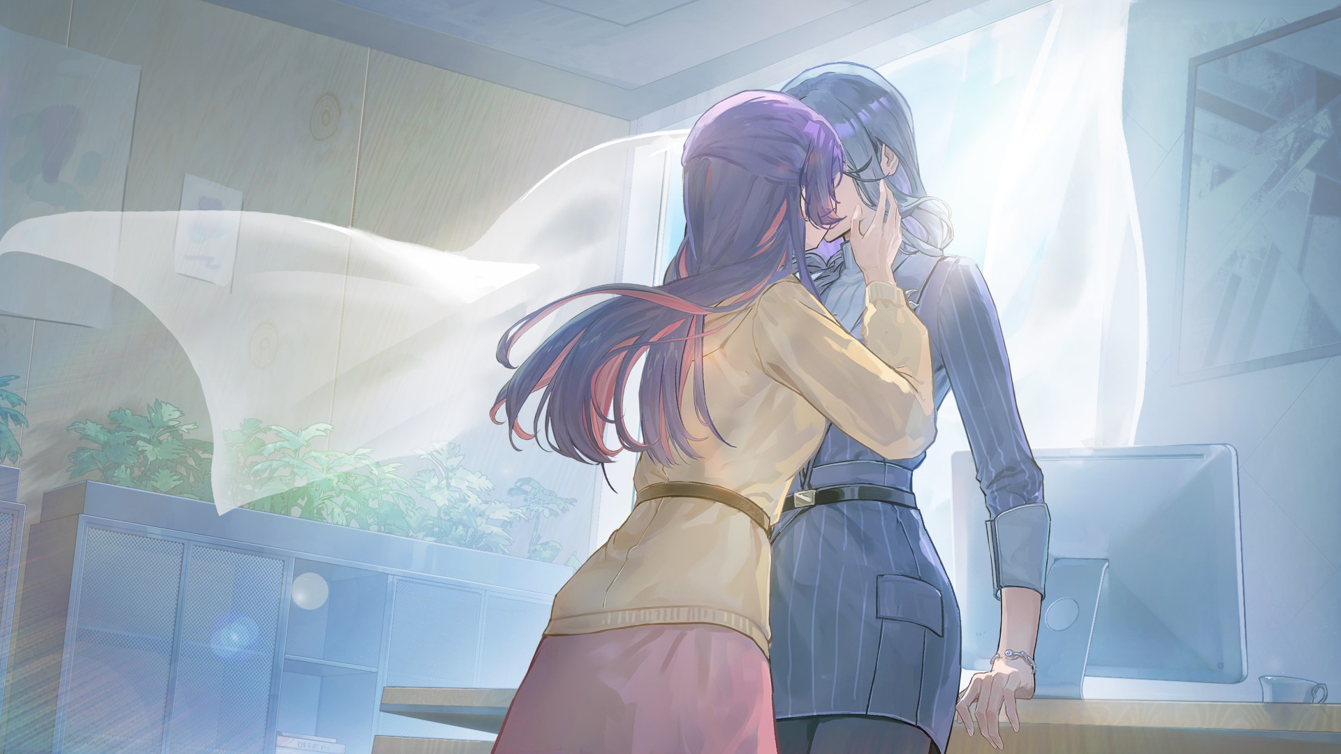 selene yan, victoria qi, love curse: find your soulmate, game cg, highres, non-web source, official art, 2girls, belt, black belt, blue hair, bracelet, brown belt, cup, curtains, desktop (computing), hand on another's face, indoors, jewelry, kiss, long hair, mug, multicolored hair, multiple girls, pale skin, pink hair, plant, purple hair, two-tone hair, yuri