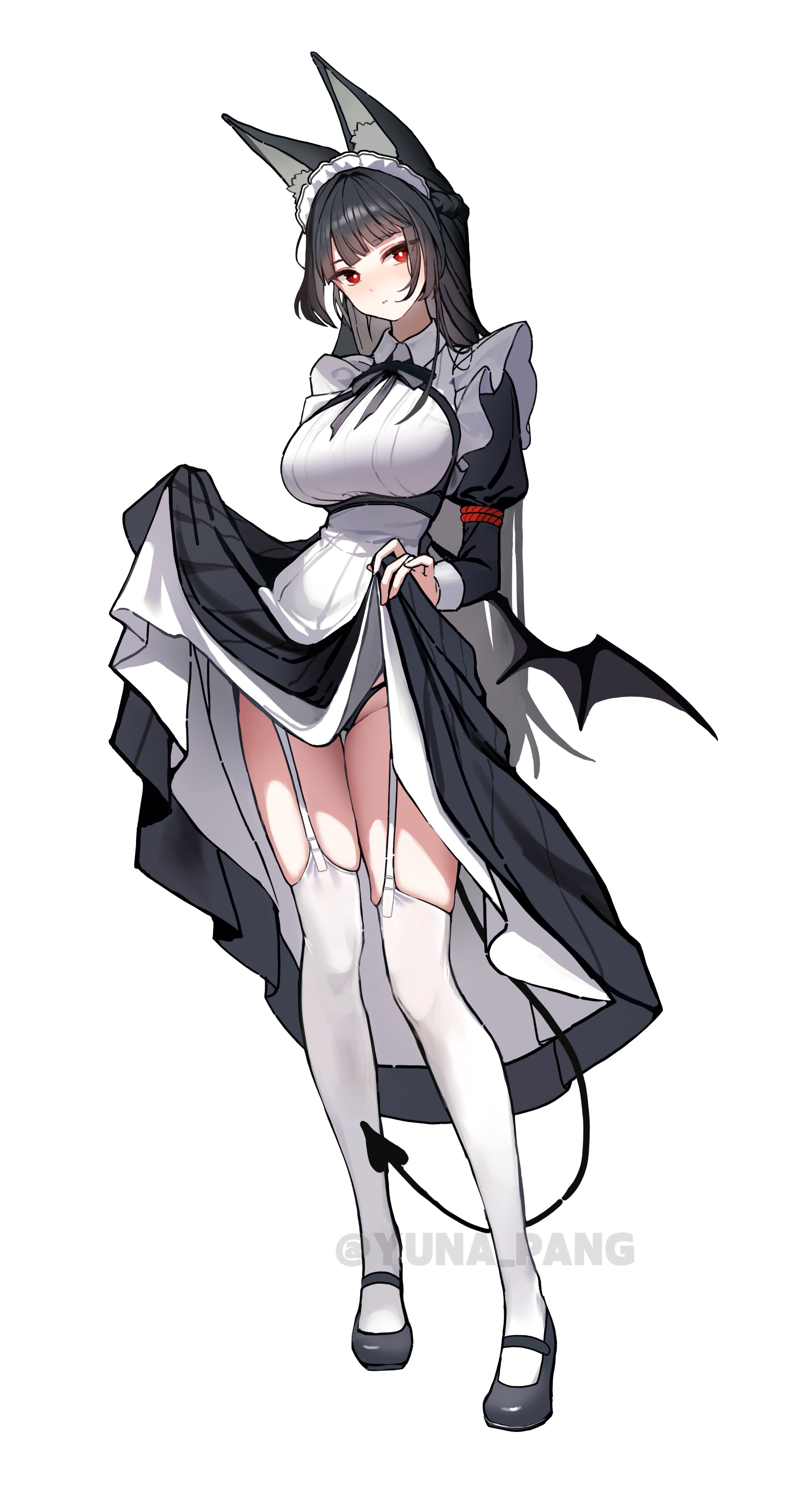 yuna (deadawon), hoshimi miyabi, zenless zone zero, absurdres, commentary request, highres, revision, 1girl, alternate costume, animal ears, black dress, black panties, black shoes, breasts, demon tail, demon wings, dress, enmaided, fake tail, fake wings, fox ears, fox girl, full body, garter straps, large breasts, lifting own clothes, long hair, long sleeves, looking at viewer, maid, panties, red eyes, shoes, simple background, solo, standing, tail, thighhighs, underwear, very long hair, white background, white thighhighs, wings