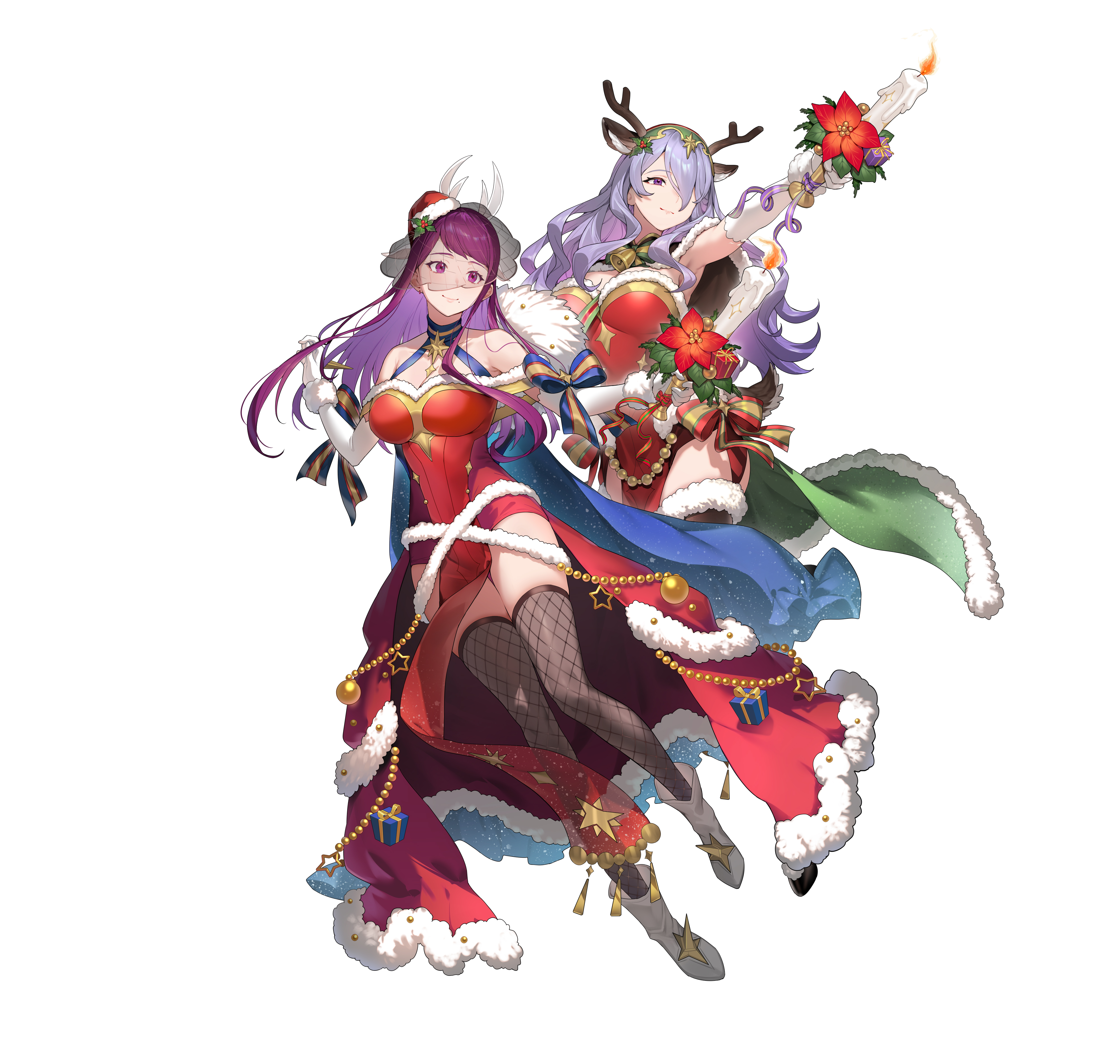 kakage, camilla (fire emblem), ivy (fire emblem), fire emblem, fire emblem engage, fire emblem fates, fire emblem heroes, nintendo, absurdres, commentary request, highres, official art, 2girls, animal ears, antlers, breasts, camilla (flurry embrace) (fire emblem), capelet, cleavage, deer ears, dress, fake animal ears, fake antlers, full body, fur-trimmed capelet, fur-trimmed dress, fur-trimmed headwear, fur trim, gloves, hair over one eye, hat, horns, ivy (flurry embrace) (fire emblem), long hair, looking at viewer, mole, mole under mouth, multiple girls, official alternate costume, open mouth, purple eyes, purple hair, red dress, red hat, reindeer antlers, santa costume, santa dress, santa hat, smile, very long hair, wavy hair