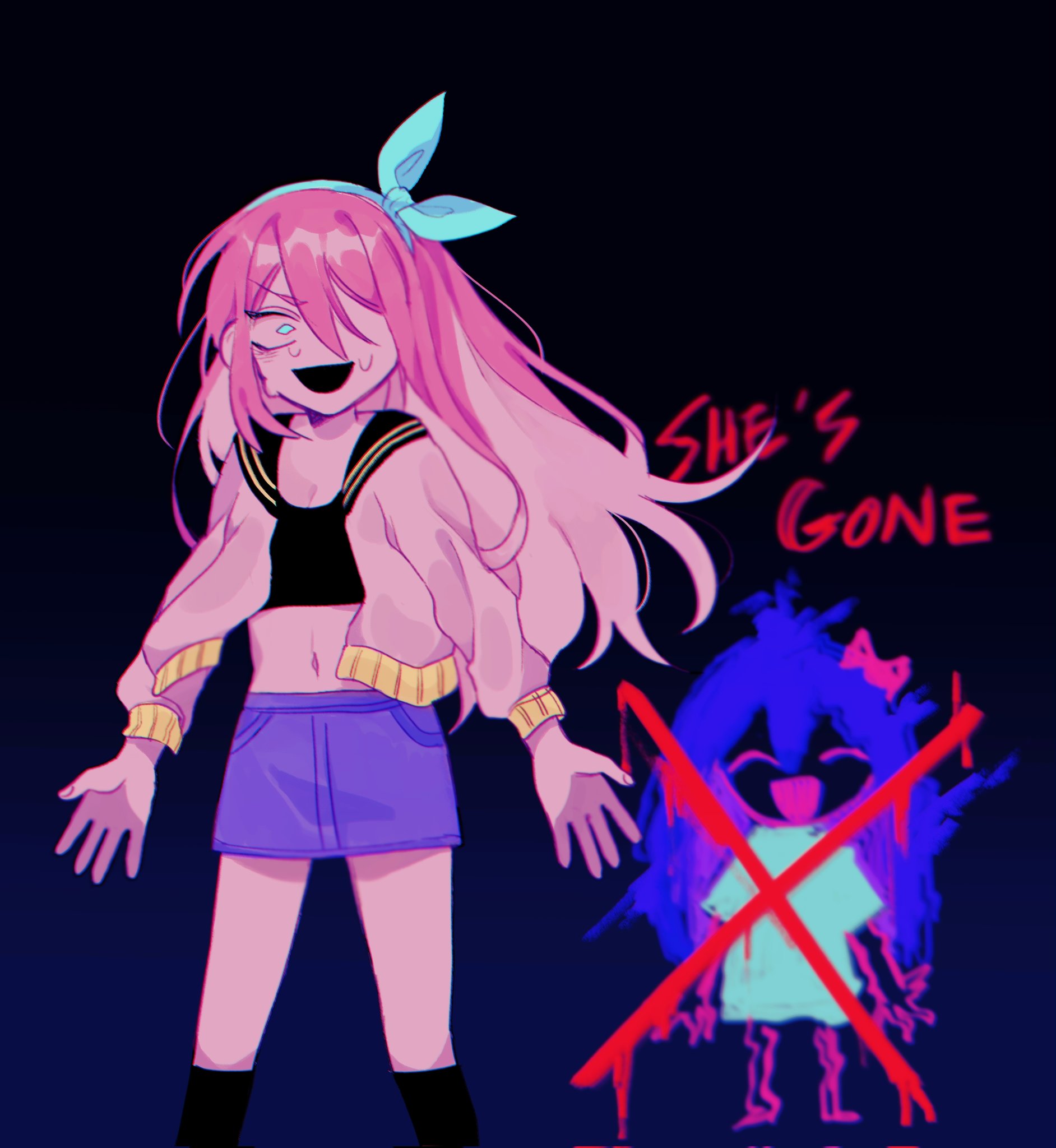 omo taru, aubrey (faraway) (omori), aubrey (headspace) (omori), aubrey (omori), omori, commentary, english commentary, highres, 2girls, aqua dress, aqua eyes, aqua hairband, black background, black sailor collar, black socks, blue background, blue hair, blue skirt, bow, bow hairband, breasts, cleavage, closed eyes, constricted pupils, denim, denim skirt, dress, dual persona, english text, gradient background, hair between eyes, hair bow, hair over one eye, hairband, jacket, kneehighs, long hair, long sleeves, medium breasts, multiple girls, navel, open clothes, open jacket, open mouth, outstretched arms, pink bow, pink hair, pocket, sailor collar, short sleeves, single eyebrow, skirt, smile, socks, solo focus, spread arms, sweat, v-shaped eyebrows, white jacket, x (symbol), yellow trim