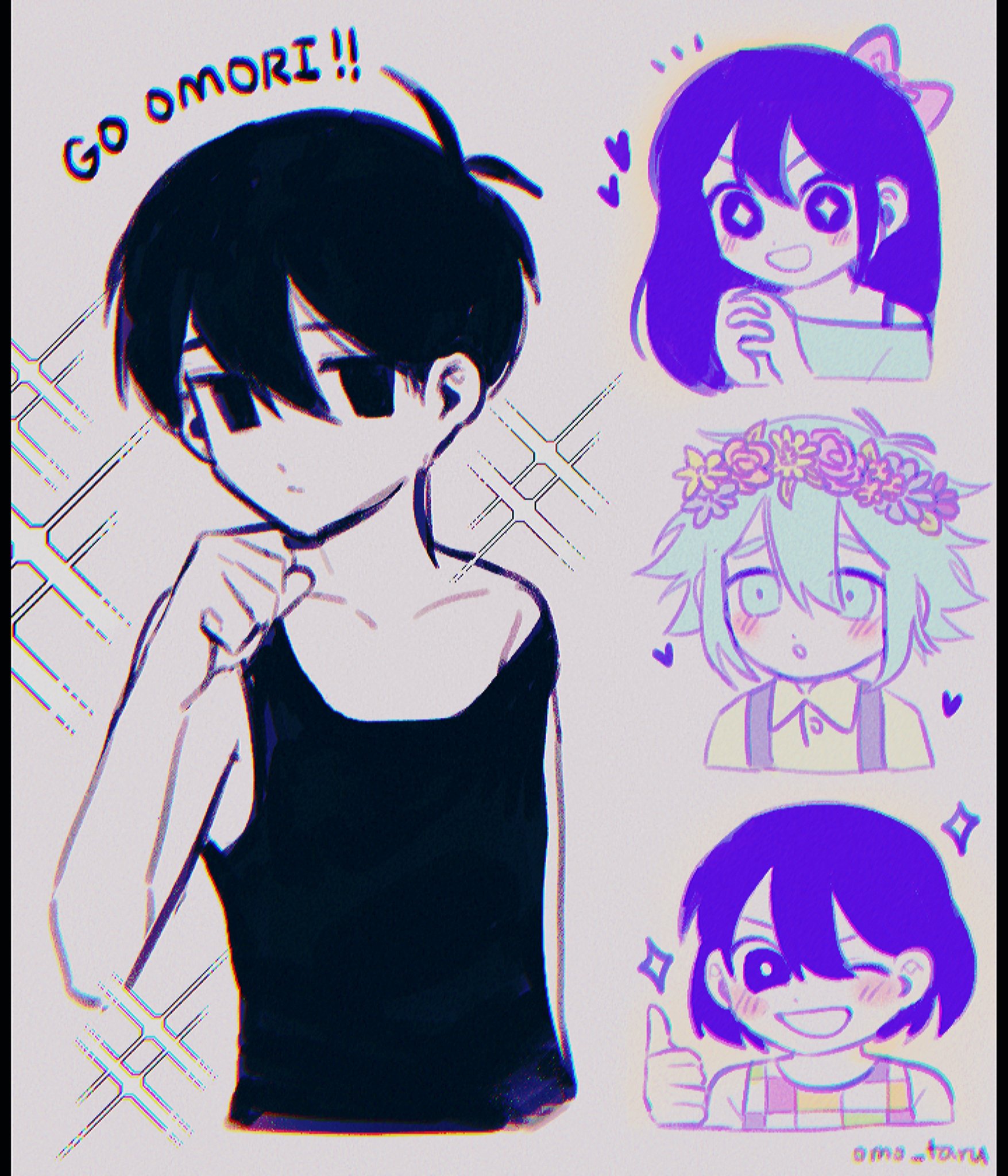 omo taru, aubrey (headspace) (omori), aubrey (omori), basil (headspace) (omori), basil (omori), kel (headspace) (omori), kel (omori), omori (omori), omori, commentary request, highres, korean commentary, 1girl, 3boys, antenna hair, arm at side, artist name, bare arms, black eyes, black hair, black tank top, blush, bow, bright pupils, buttons, clenched hand, closed mouth, collarbone, collared shirt, colored skin, cropped torso, english text, flower wreath, green eyes, green hair, green shirt, grin, hair behind ear, hair between eyes, hair bow, hand up, head wreath, heart, leaf, long hair, looking at another, looking to the side, multiple boys, no pupils, one eye closed, open mouth, overalls, own hands together, parted lips, pink bow, purple eyes, purple hair, shirt, short hair, smile, sparkle, strap slip, tank top, thumbs up, v-shaped eyebrows, white background, white pupils, white skin